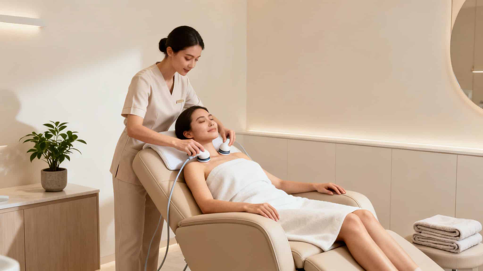 Une femme reçoit un soin du corps moderne avec des appareils par une esthéticienne qualifiée.