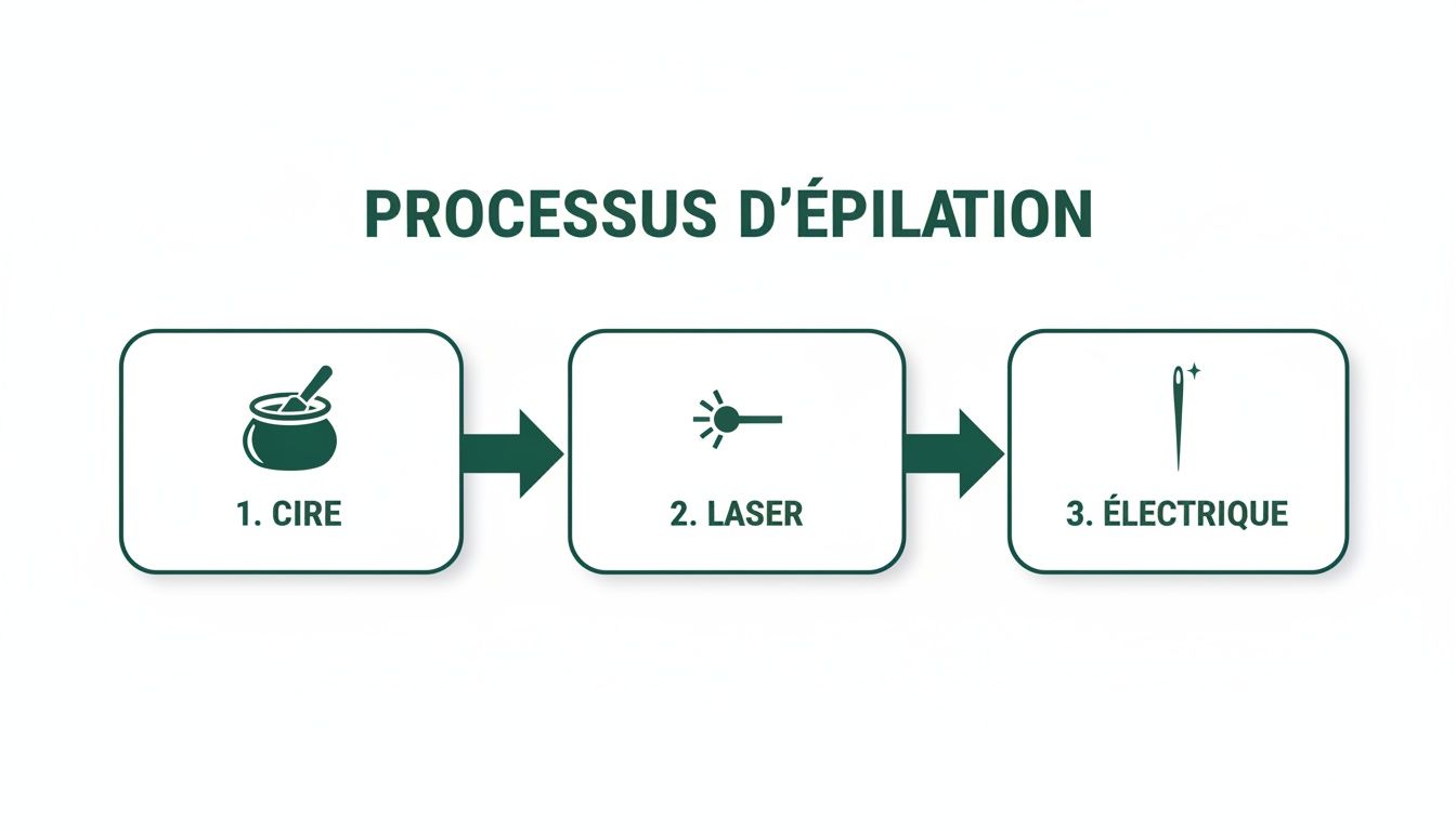 Schéma illustrant le processus d'épilation en trois étapes: cire, laser et électrique.