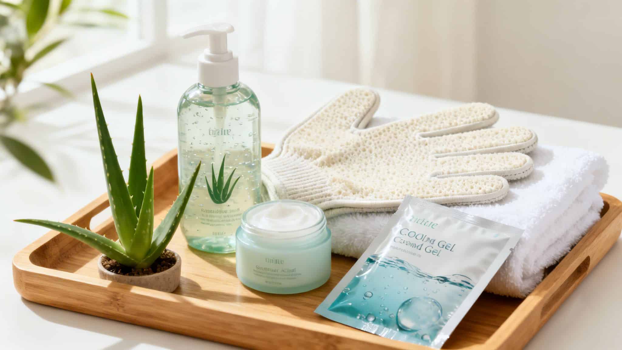 Plateau en bois avec gel d'aloès, crème hydratante, plant d'aloès, gant exfoliant et serviette pour soins de la peau.