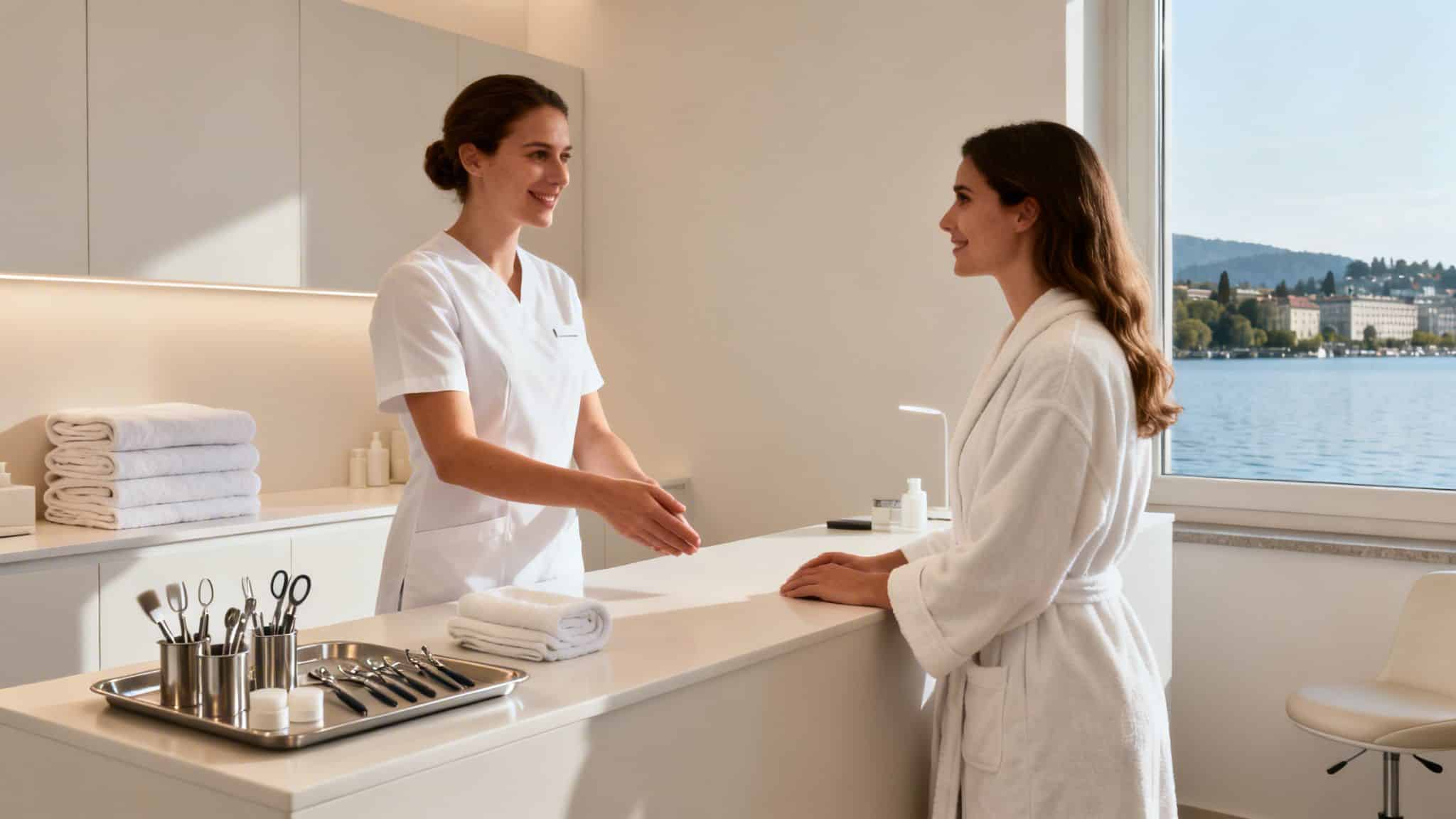 Deux femmes souriantes dans un spa moderne, une esthéticienne et une cliente, face à un lac paisible.