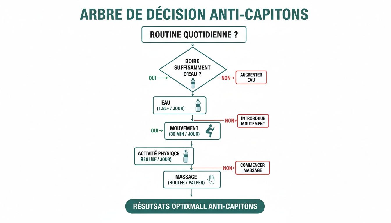 Diagramme d'arbre de décision anti-capitons, détaillant les étapes clés: hydratation, mouvement quotidien, activité physique et massage.