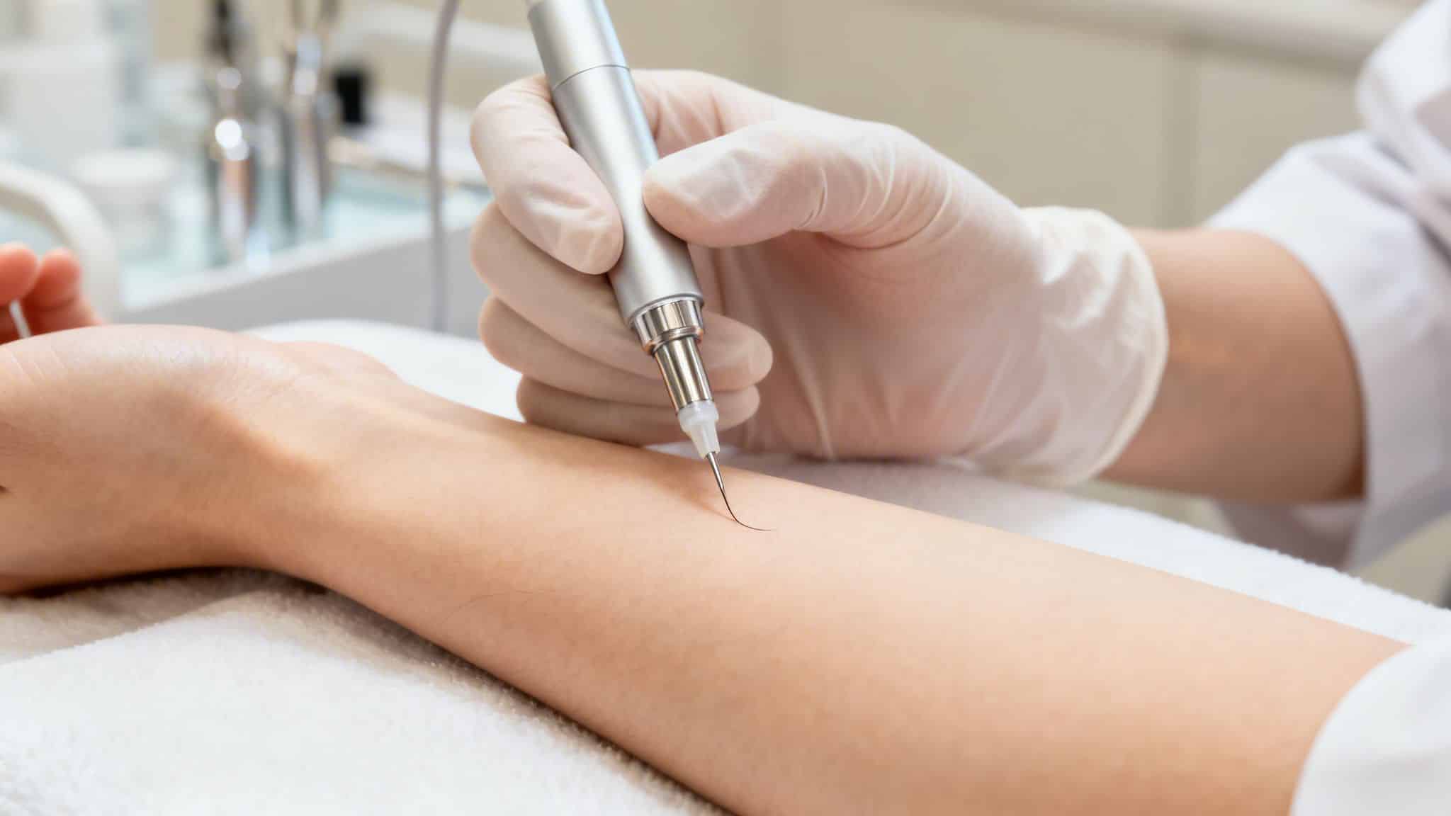 Main gantée d'un professionnel utilisant un appareil d'épilation par électrolyse sur le bras d'un client.