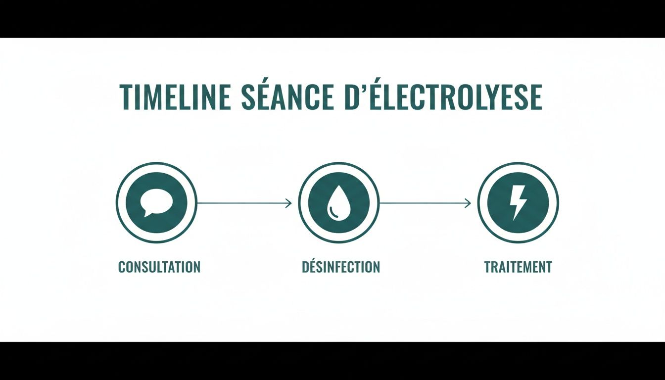 Timeline illustrant les étapes d'une séance d'épilation par électrolyse : consultation, désinfection et traitement.