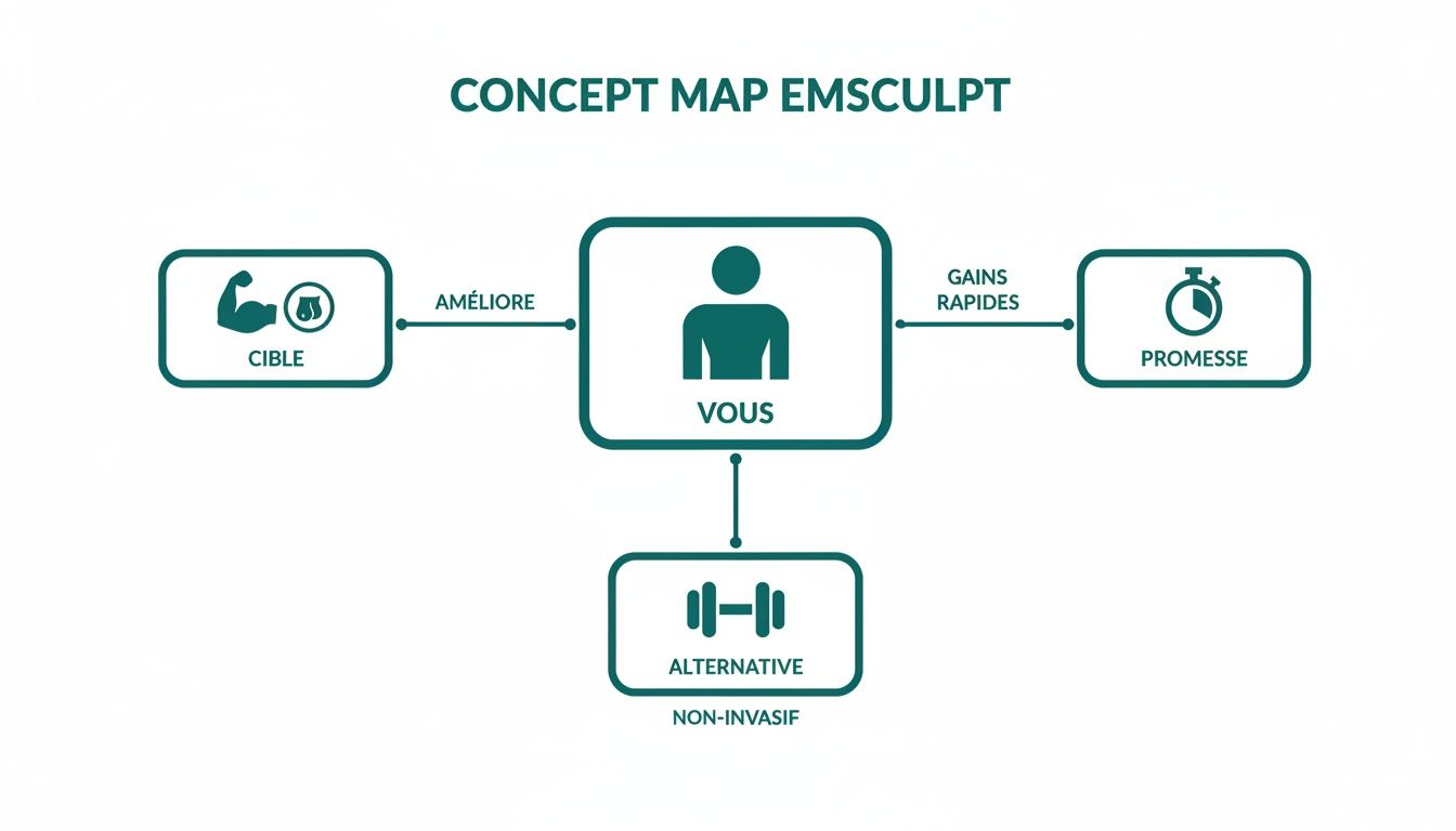 Carte conceptuelle EMSculpt illustrant comment l'appareil cible le corps, améliore et offre des gains rapides, comme une alternative non-invasive.