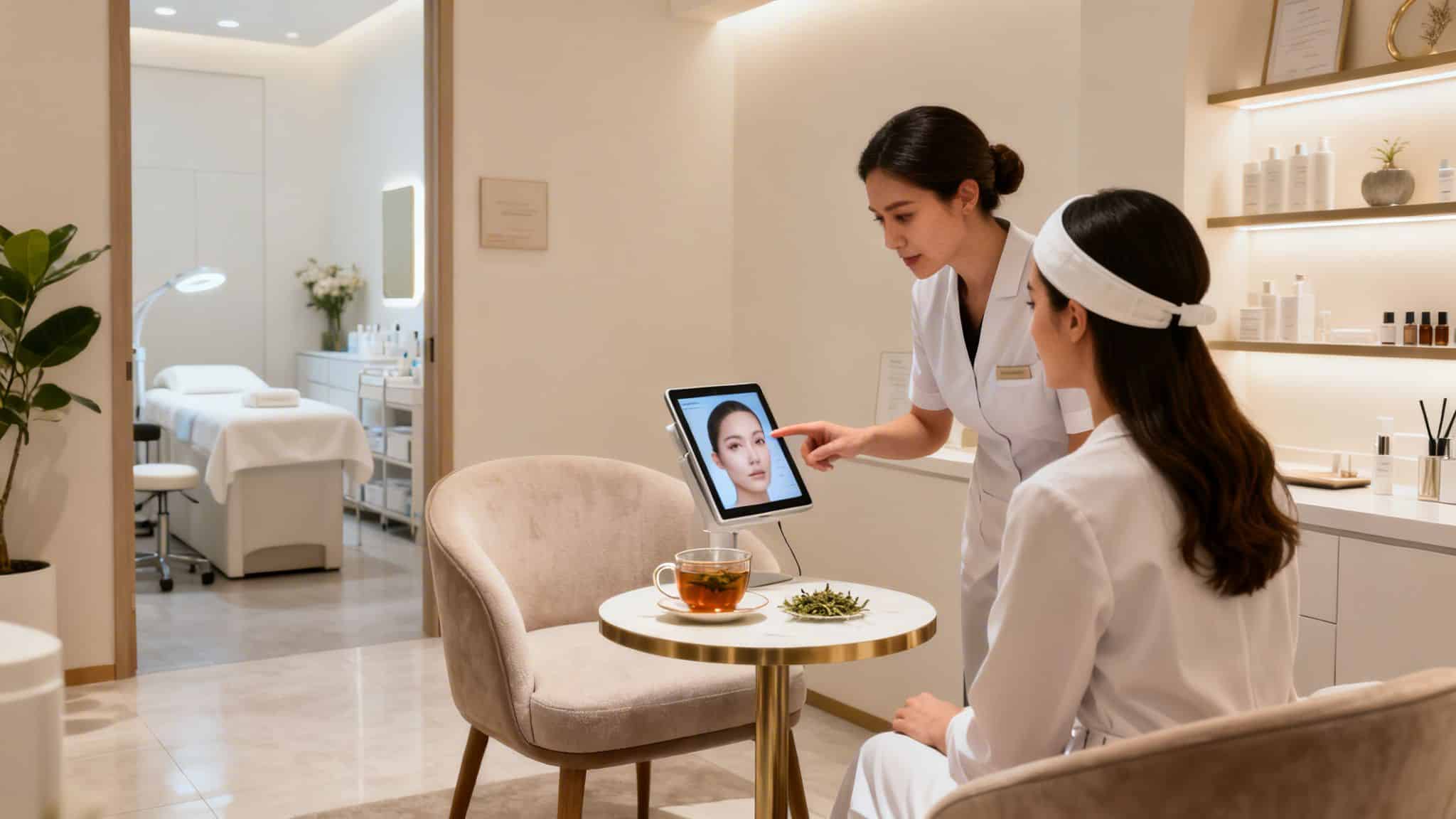 Une esthéticienne discute d'un plan de soins du visage avec une cliente sur une tablette dans une clinique moderne.