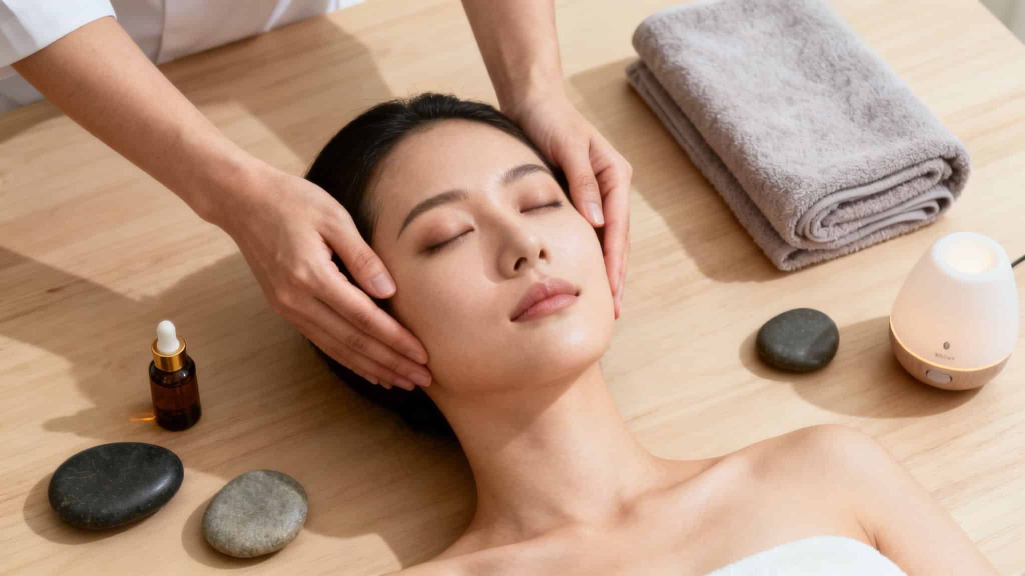 Femme asiatique recevant un massage du visage relaxant dans un spa, entourée d'huiles essentielles et de pierres.