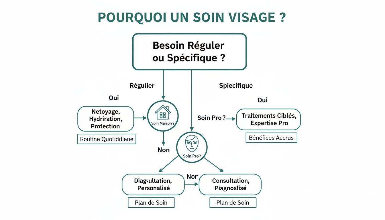 Diagramme explicatif sur le choix des soins visage : besoins réguliers ou spécifiques, options maison ou professionnelles.