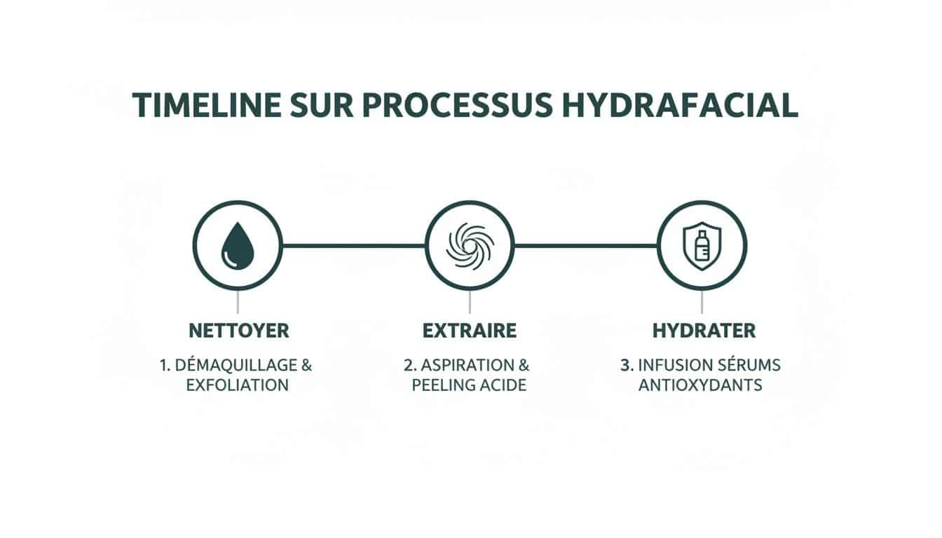Chronologie détaillée du processus Hydrafacial en trois étapes clés: nettoyer, extraire et hydrater la peau en profondeur.