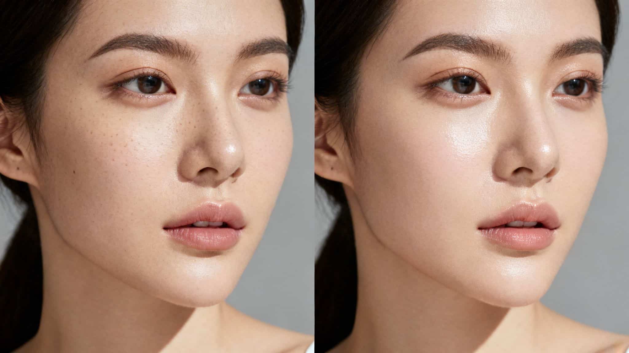 Une femme asiatique avant et après un soin hydrafacial, montrant une peau plus lisse et lumineuse.