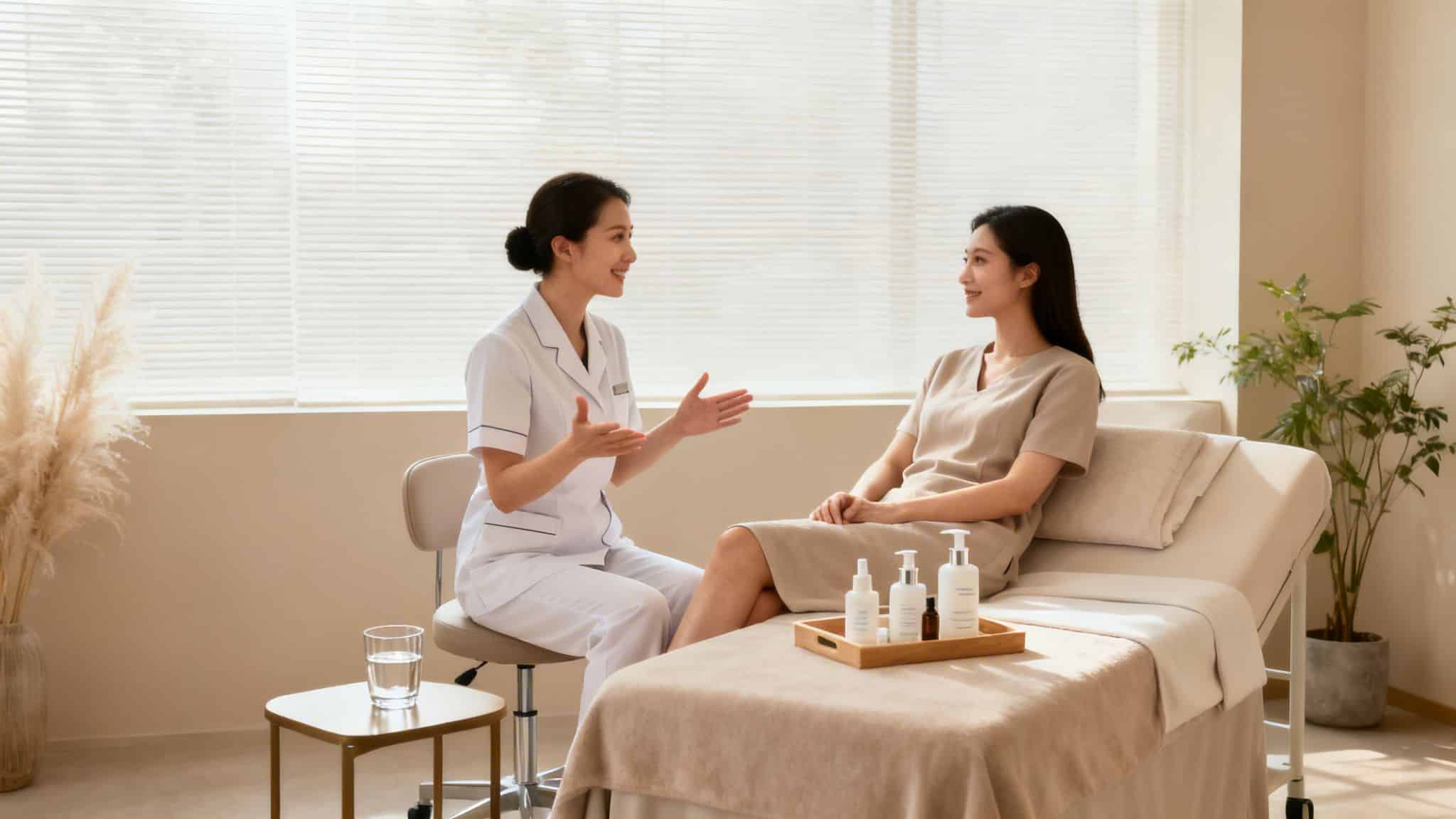 Une esthéticienne sourit et parle à une cliente assise sur une table de soin dans un spa moderne.