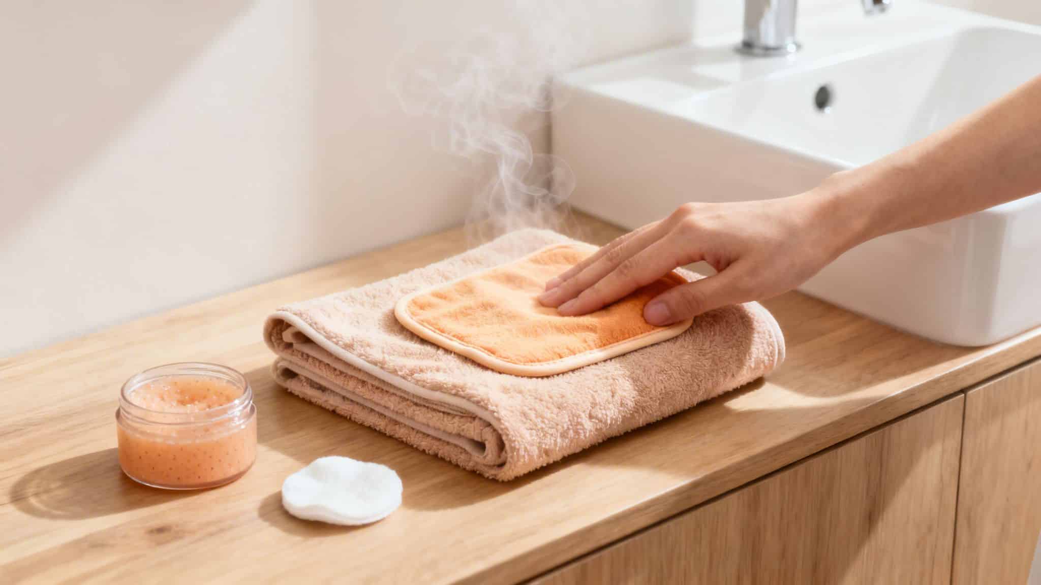 Main appliquant une serviette chaude et fumante sur des serviettes, avec gommage et lavabo.