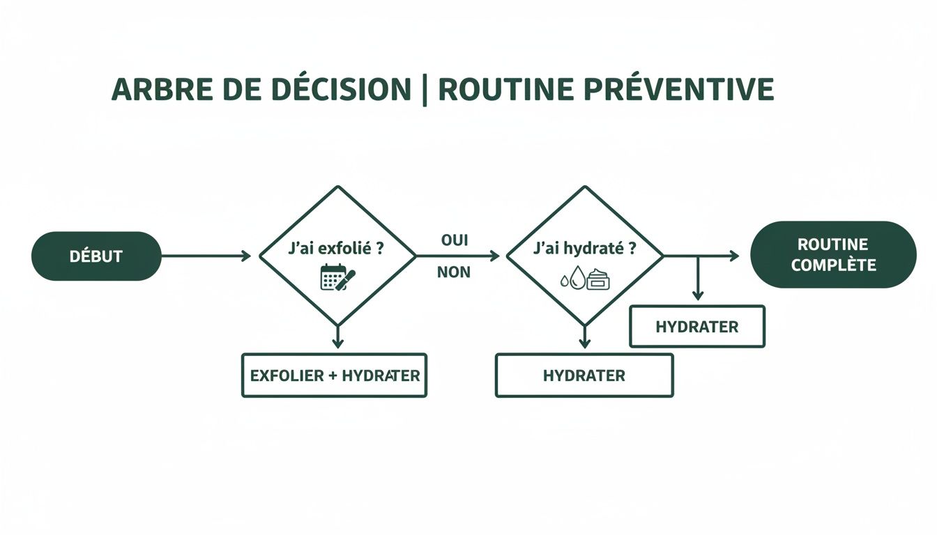 Diagramme d'arbre de décision pour une routine préventive de soins de la peau, incluant les étapes d'exfoliation et d'hydratation.