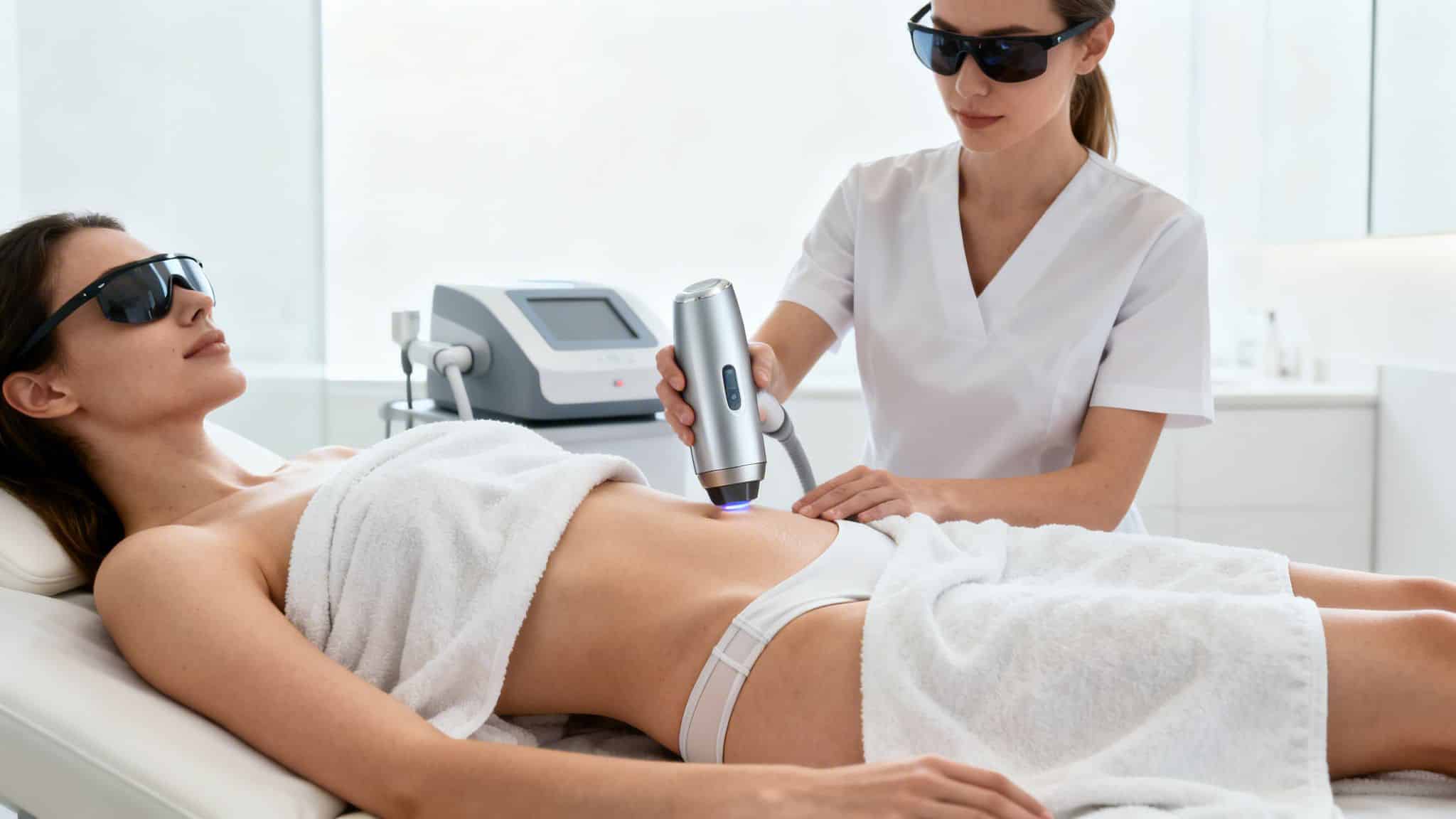 Une femme reçoit un traitement d'épilation laser sur l'abdomen par une esthéticienne dans une clinique, toutes deux portant des lunettes de protection.