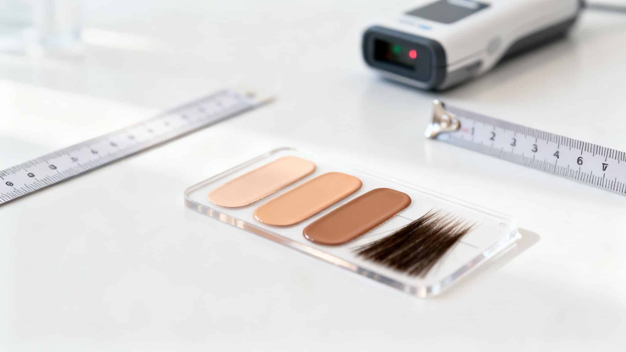 Nuancier de fond de teint et échantillon de cheveux avec des instruments de mesure et un scanner sur une table blanche.