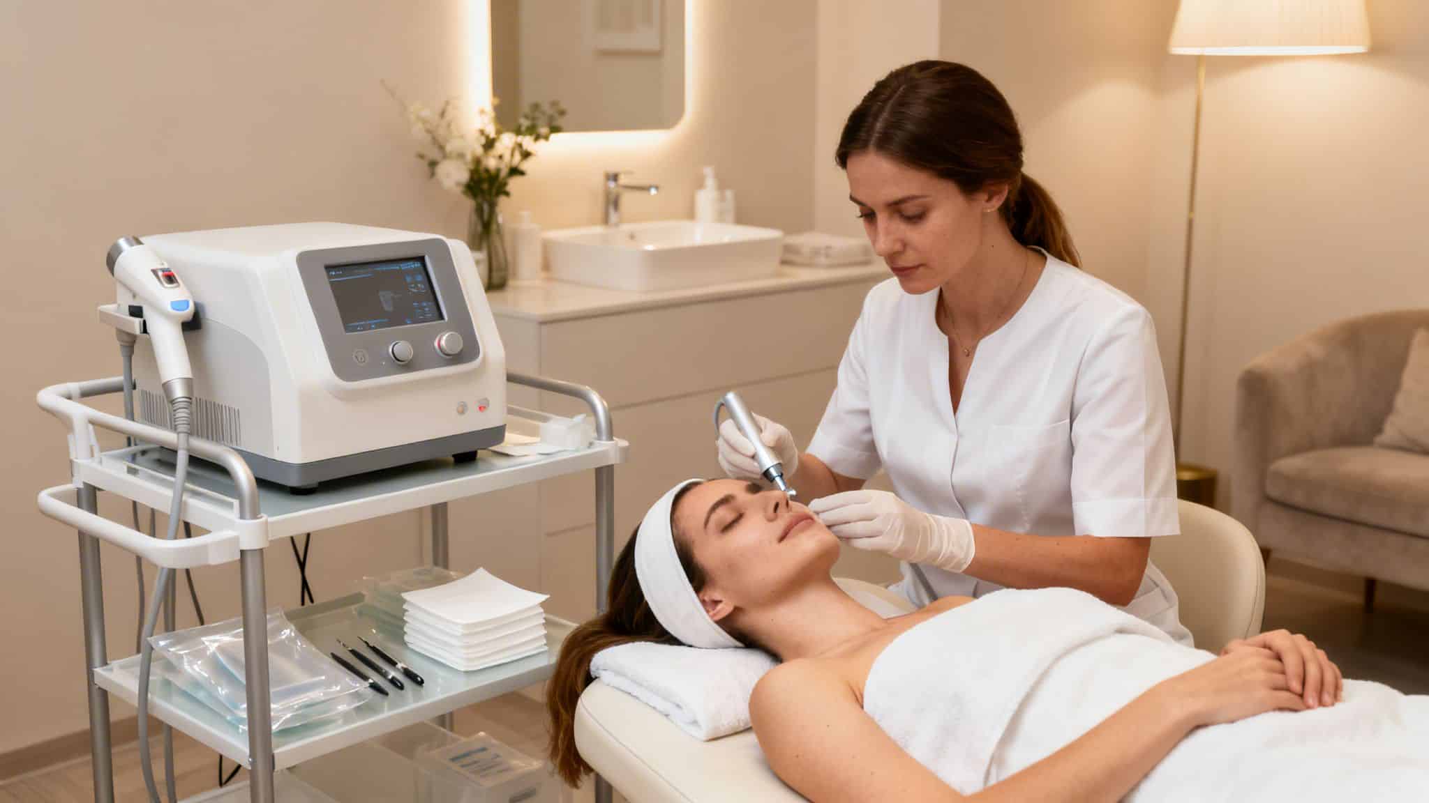Une esthéticienne effectue un soin du visage avec un appareil spécialisé sur une cliente dans une clinique moderne.