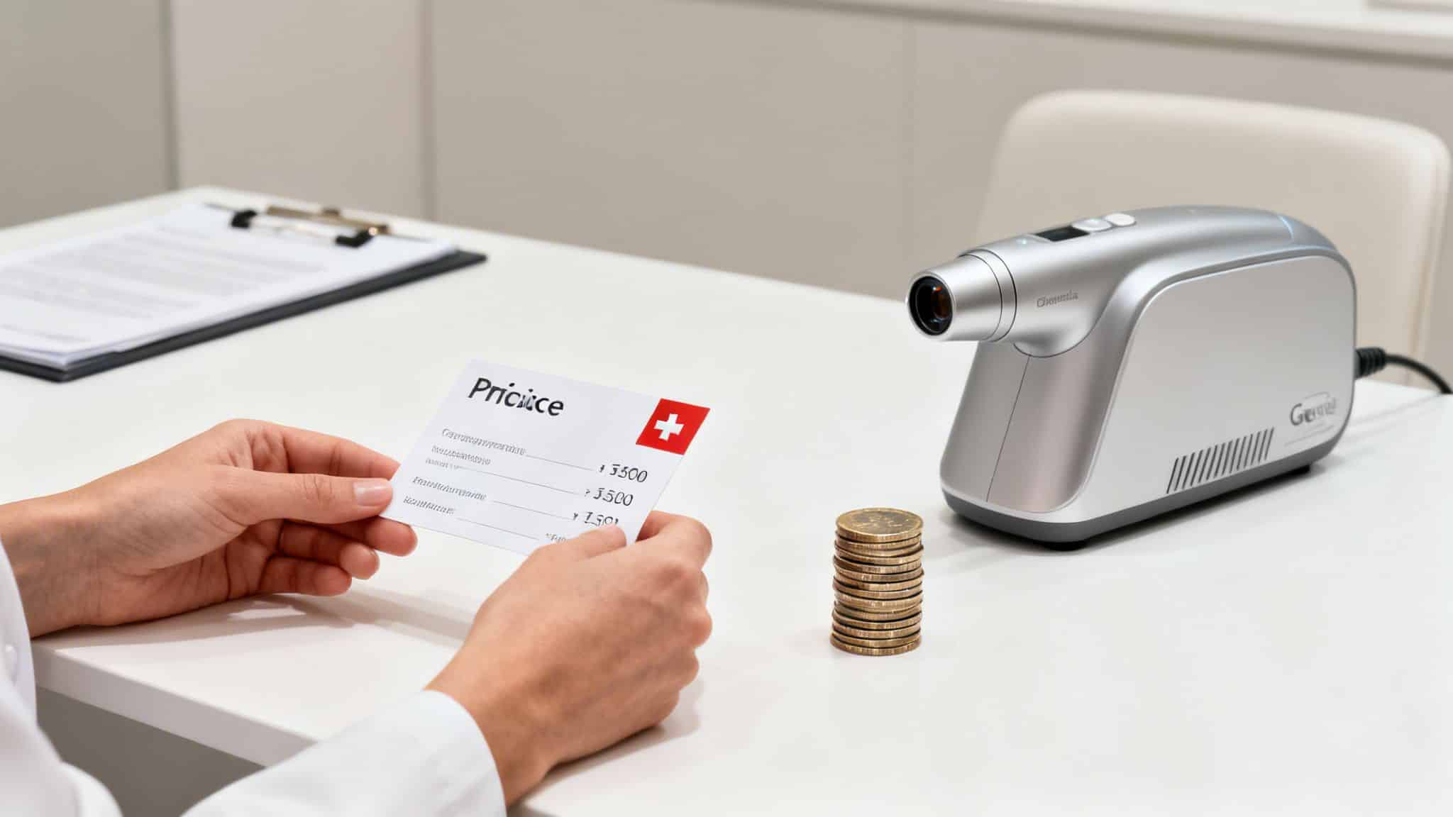 Une main tient une carte de prix pour des services médicaux, avec un appareil laser et des pièces sur la table.