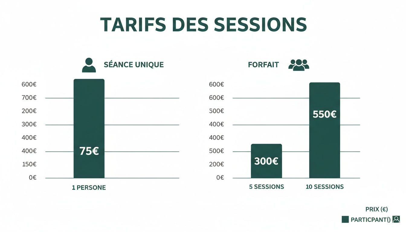 Graphique à barres affichant les tarifs des sessions : 75€ pour une séance unique, 300€ pour 5 sessions, 550€ pour 10 sessions.