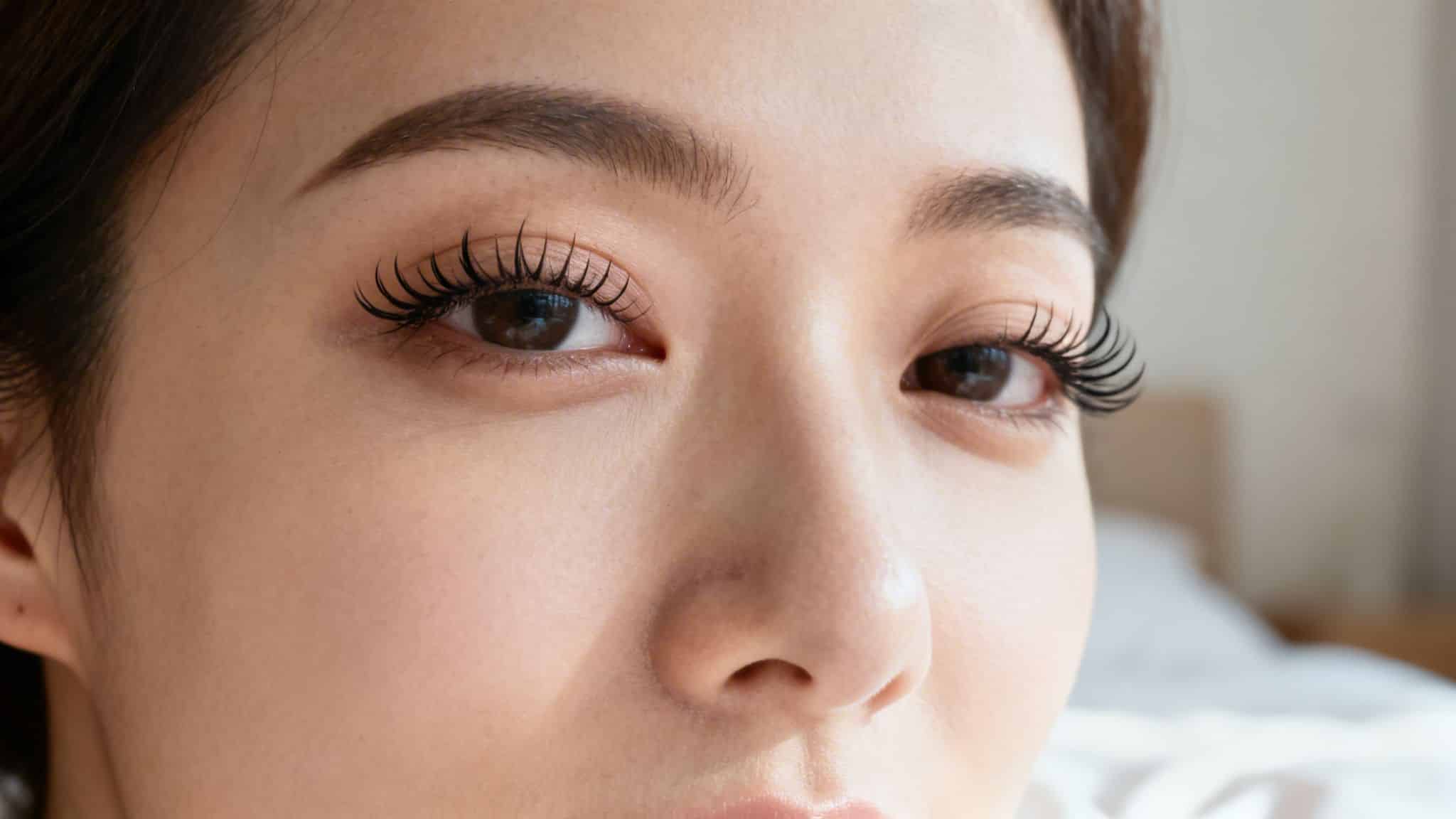 Gros plan sur les yeux d'une femme avec des cils longs et volumineux, soulignant son regard.