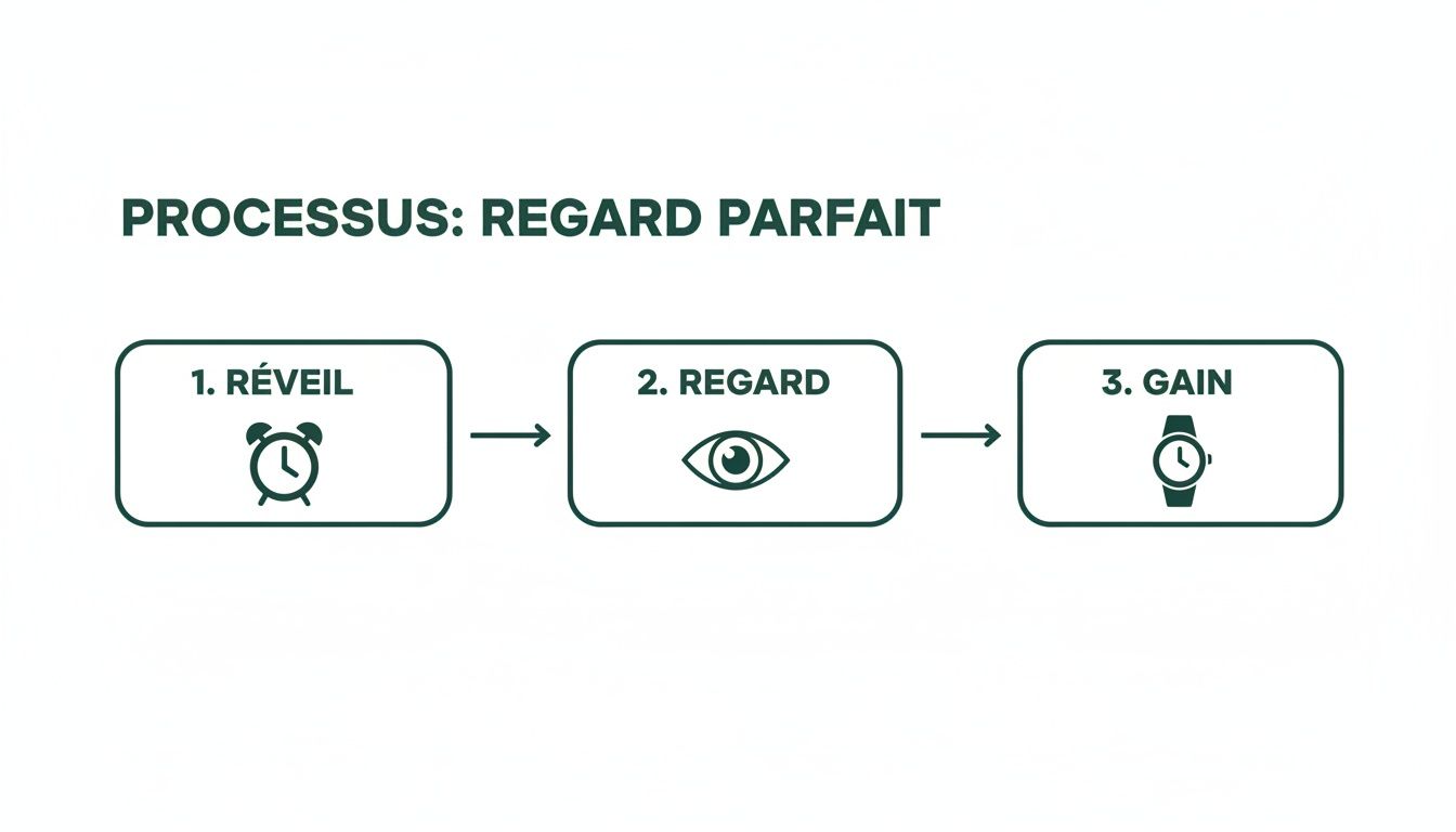 Schéma de processus simple en trois étapes: 1. Réveil (réveil), 2. Regard (œil), 3. Gain (montre-bracelet).