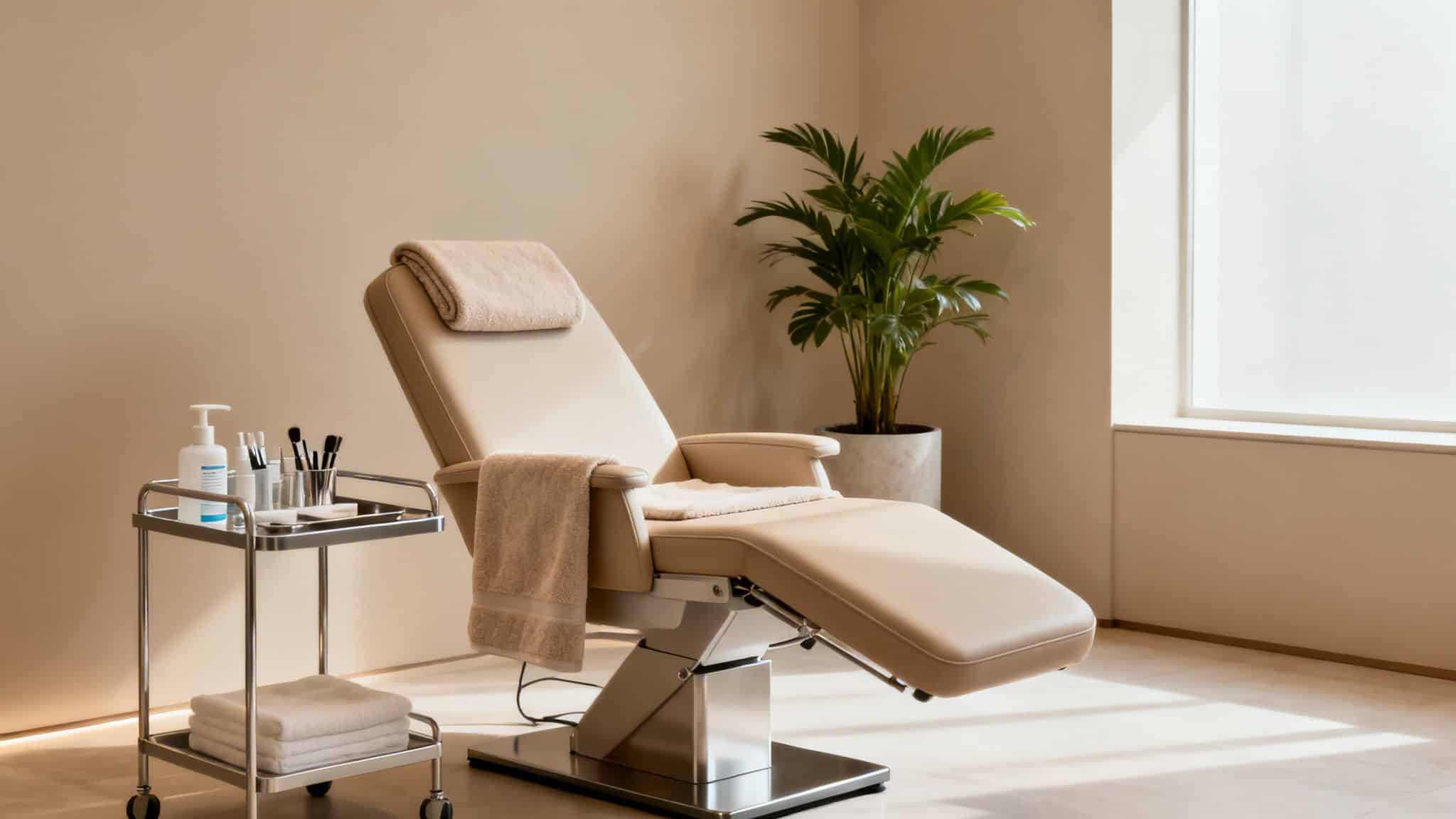 Intérieur élégant d'un salon de beauté avec une chaise de traitement beige, un chariot de produits et une plante.