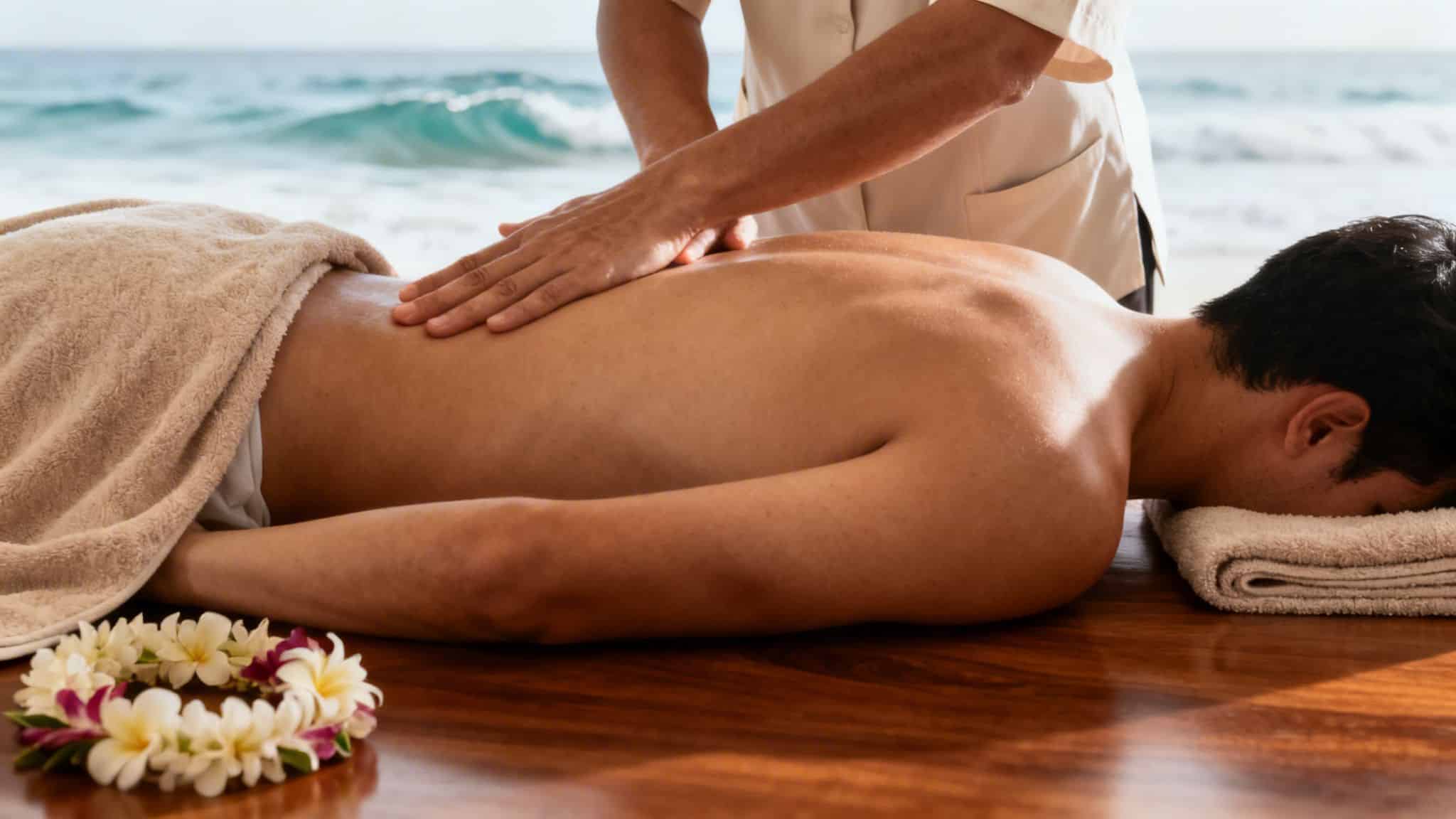 Homme allongé sur une table de massage recevant un massage du dos en bord de mer, avec un collier de fleurs.