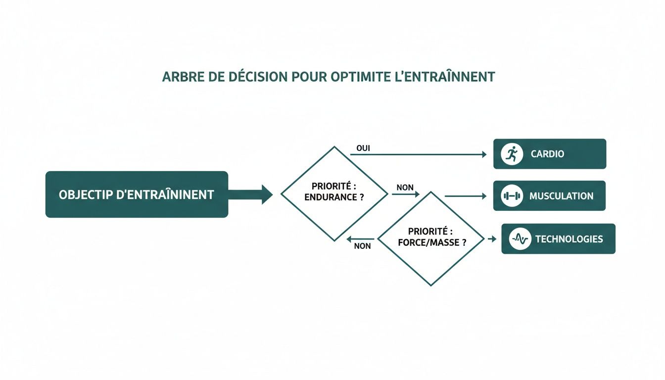 Arbre de décision pour optimiser l'entraînement, guidant l'utilisateur vers cardio, musculation ou technologies selon ses priorités.