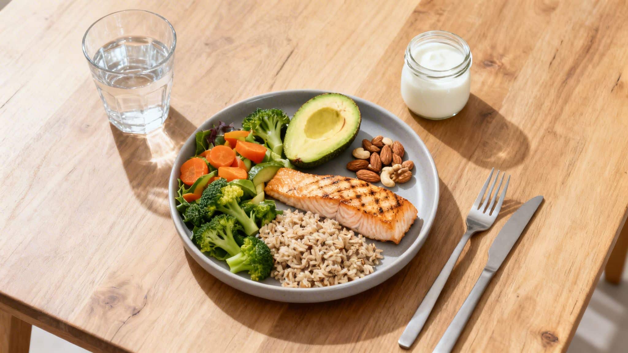 Repas sain et équilibré avec saumon grillé, riz complet, légumes, avocat, noix, eau et yaourt sur une table en bois.