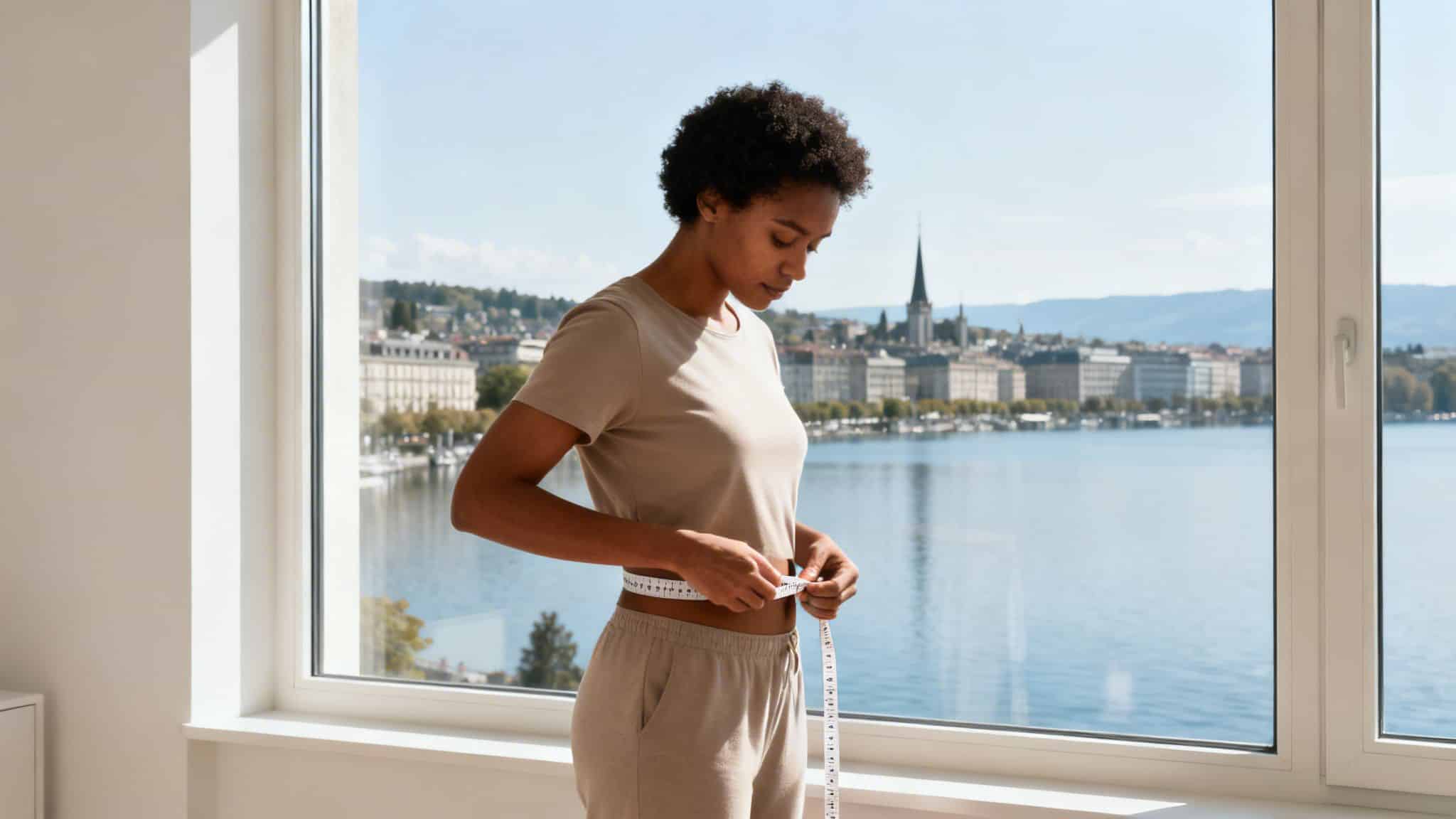 Jeune femme mesurant son tour de taille, près d'une fenêtre ensoleillée donnant sur un lac urbain.