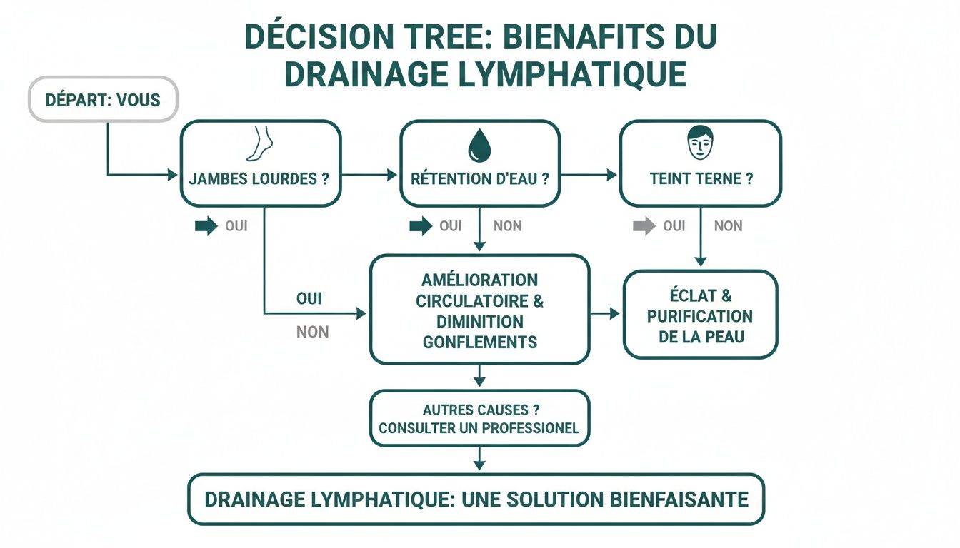 Diagramme de décision expliquant les bienfaits du drainage lymphatique pour les jambes lourdes, la rétention d'eau et le teint terne, menant à une solution bénéfique.