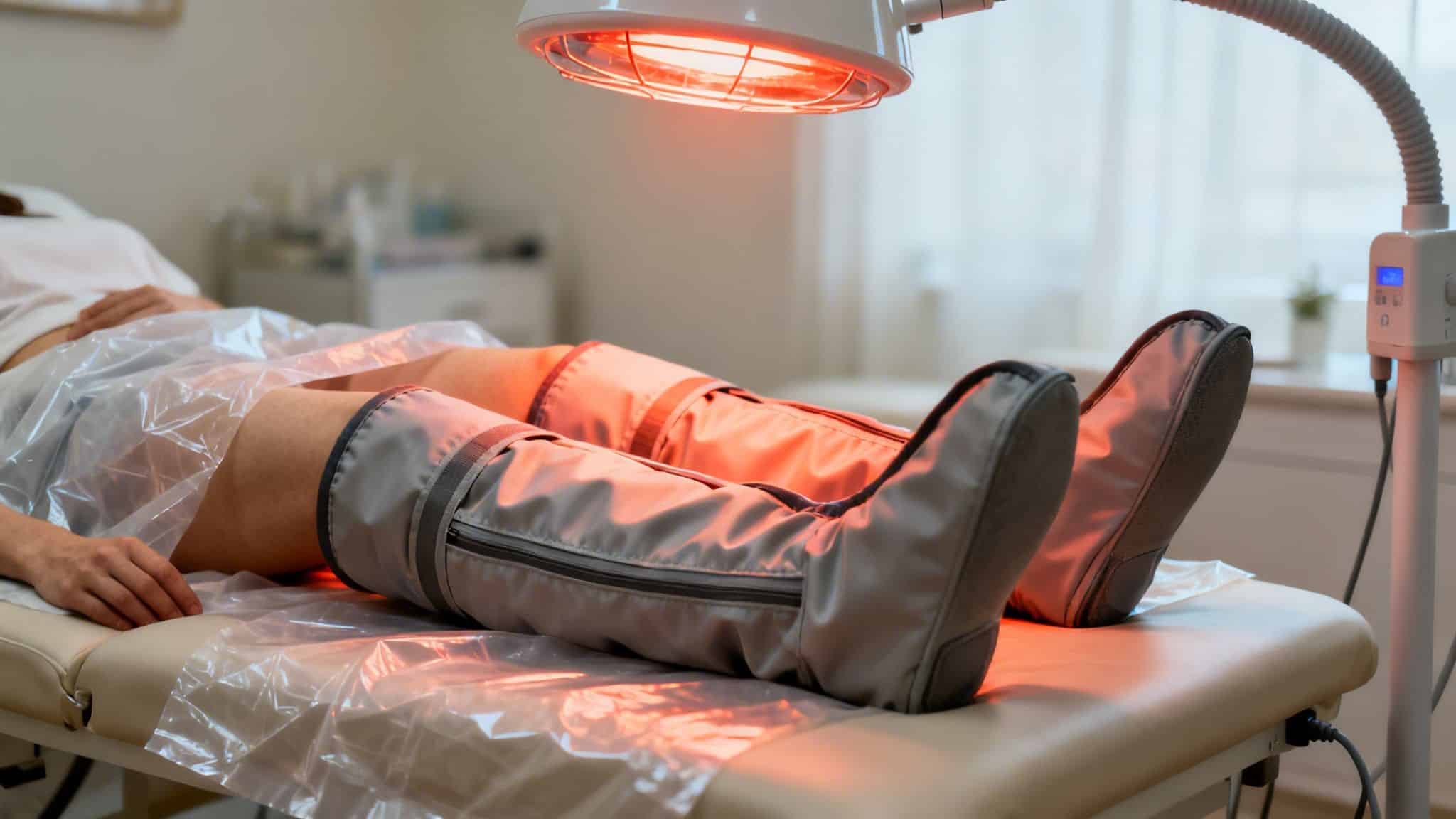 Une personne reçoit un traitement de drainage lymphatique avec pressothérapie et lampe infrarouge sur les jambes.