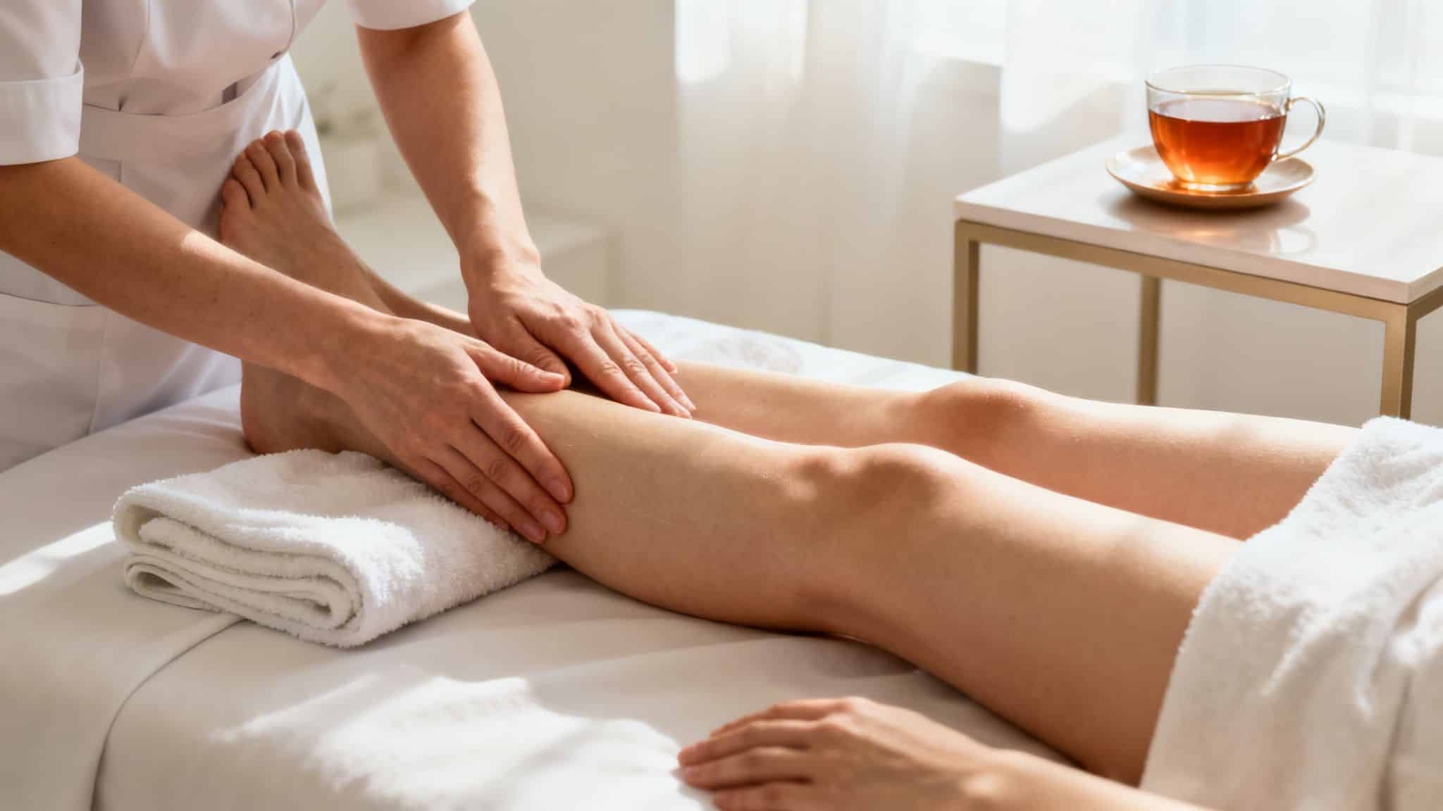 Une massothérapeute effectue un massage des jambes sur une personne allongée, dans une pièce lumineuse avec une tasse de thé.