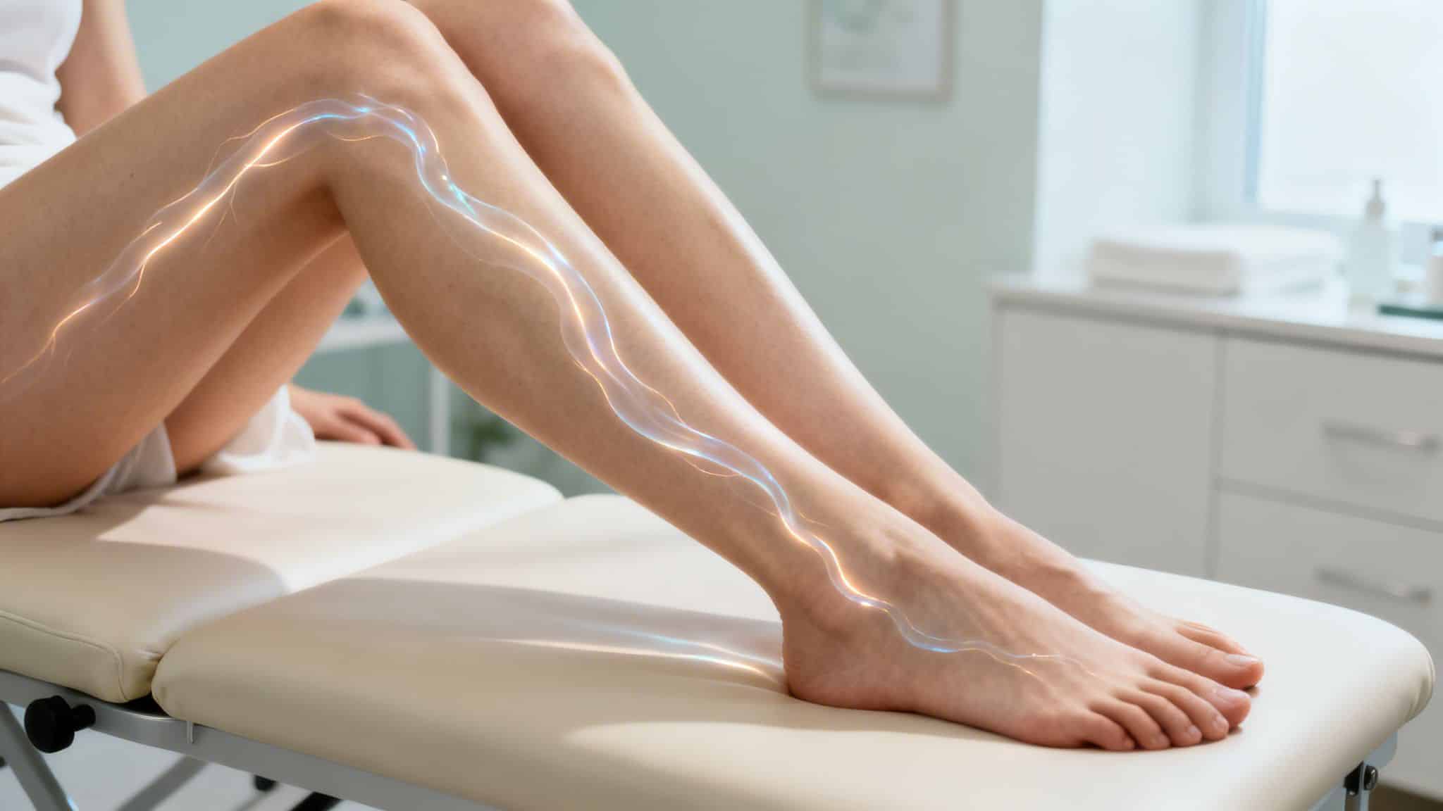 Jambes d'une femme sur une table de traitement avec des lignes lumineuses représentant la circulation.