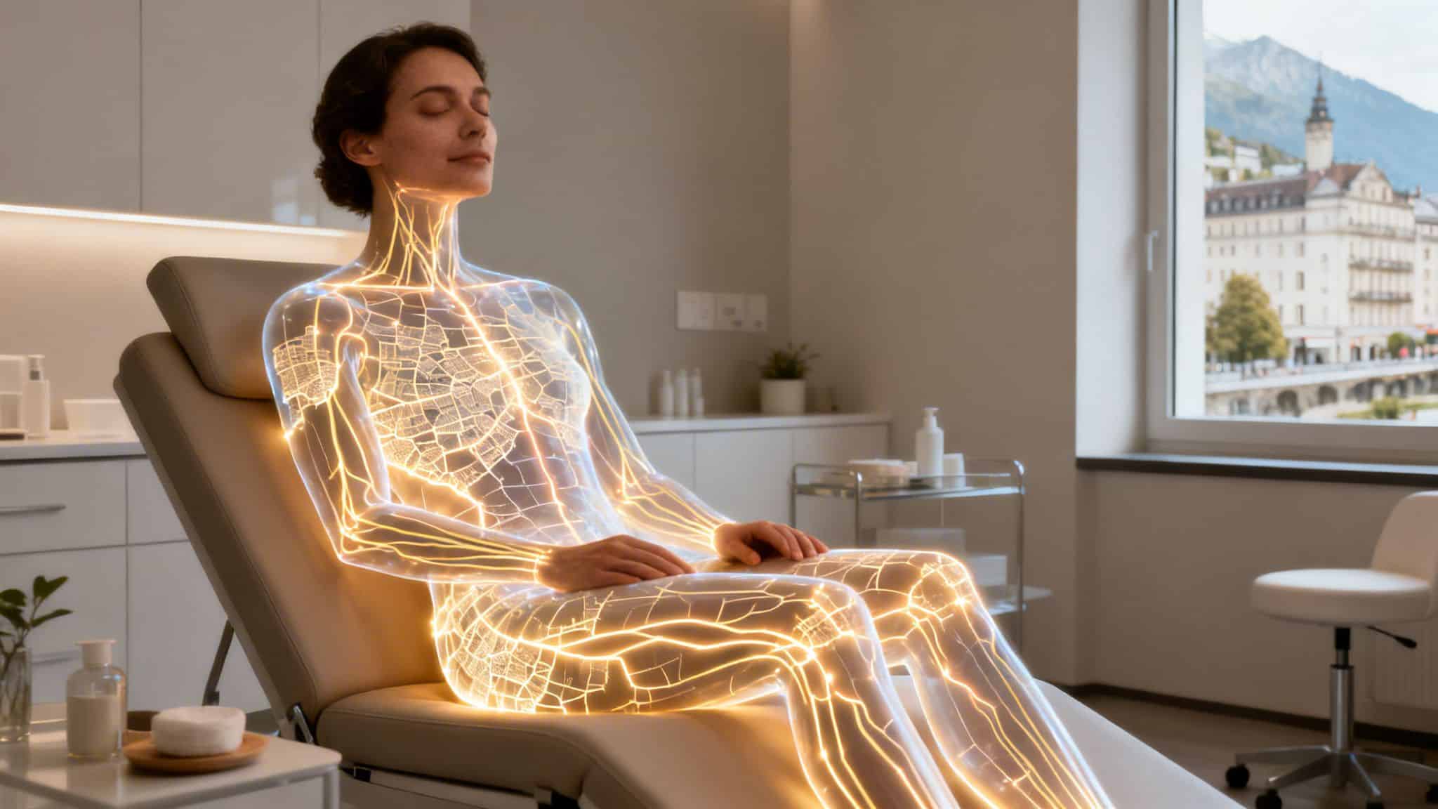 Une femme sereine sur une table de traitement, son système lymphatique lumineux visible, symbolisant la santé et le bien-être.