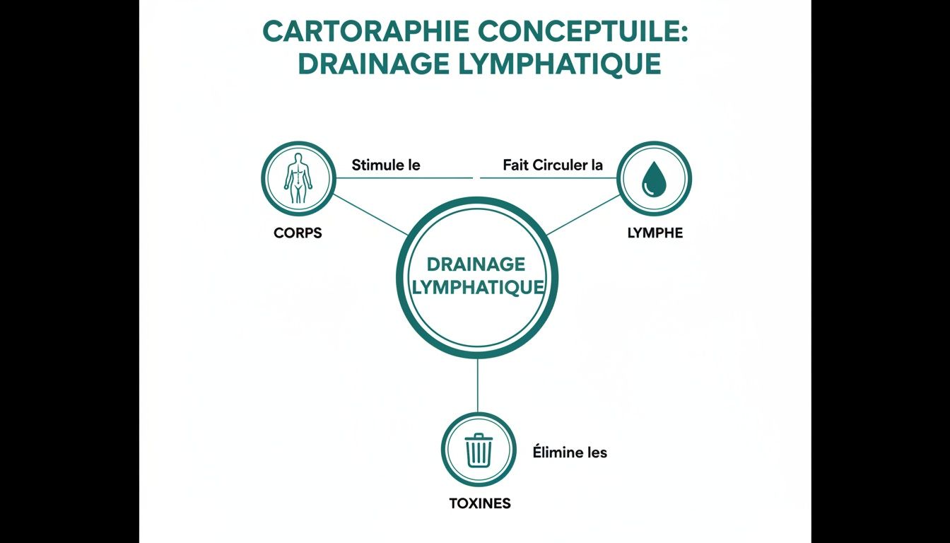 Schéma conceptuel illustrant le drainage lymphatique, ses actions sur le corps, la circulation de la lymphe et l'élimination des toxines.