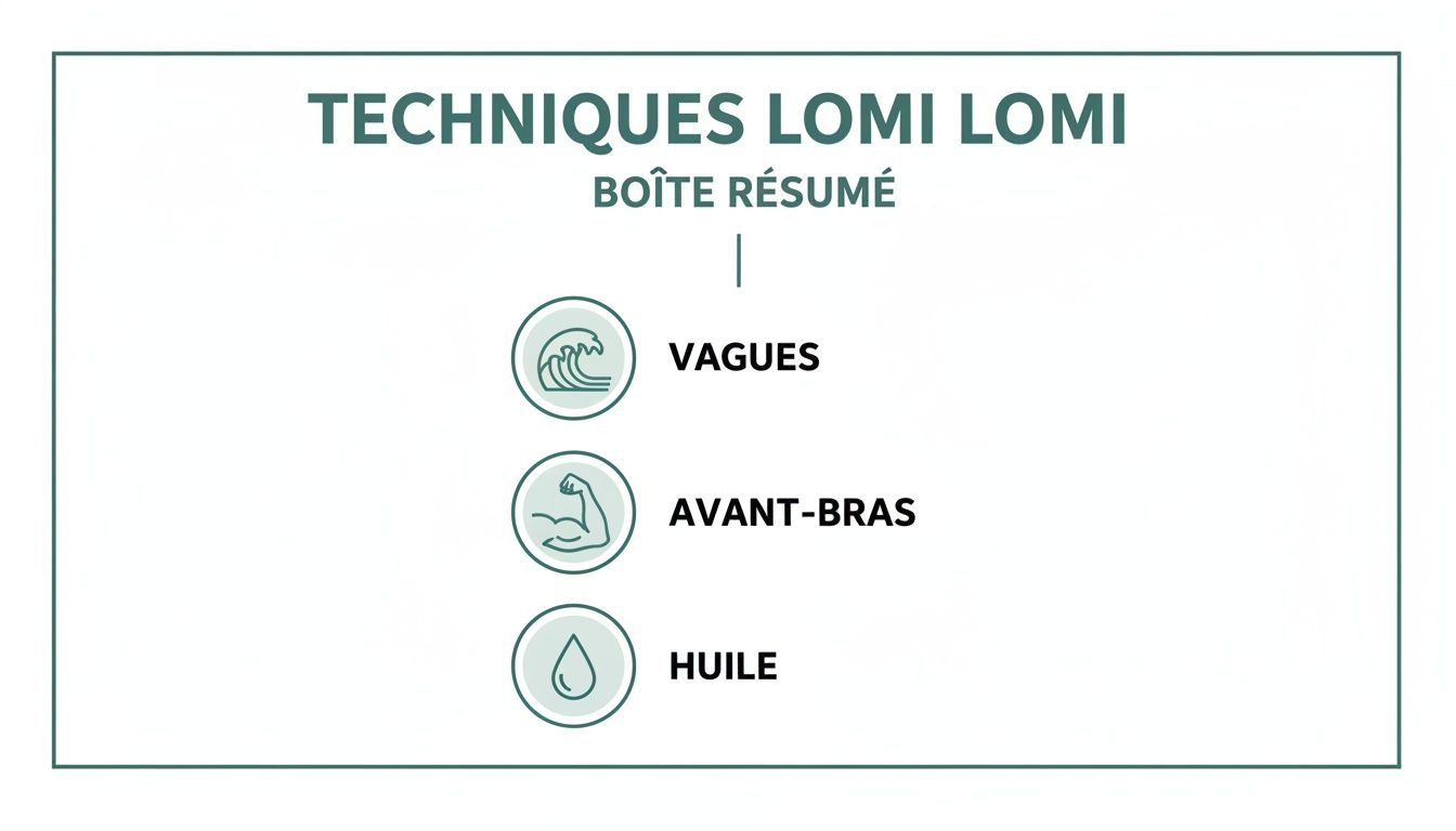 Résumé des techniques de massage Lomi Lomi, incluant vagues, avant-bras et huile.
