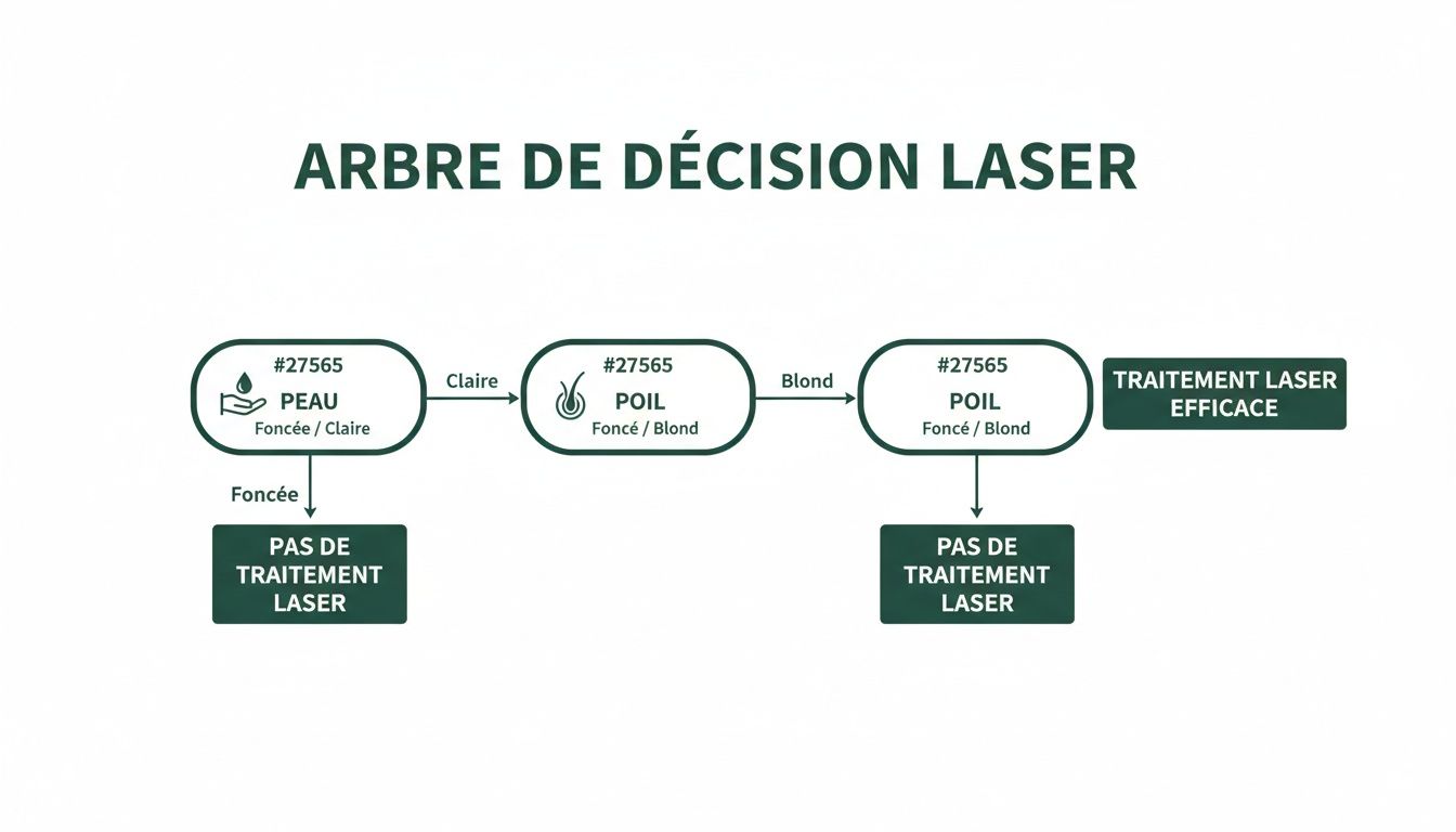 Arbre de décision pour un traitement laser, basé sur la couleur de la peau et des poils.