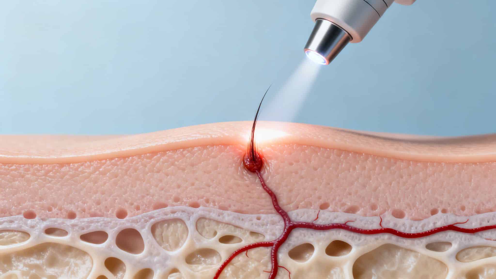 Une coupe transversale de la peau montrant un follicule pileux traité au laser pour l'épilation.