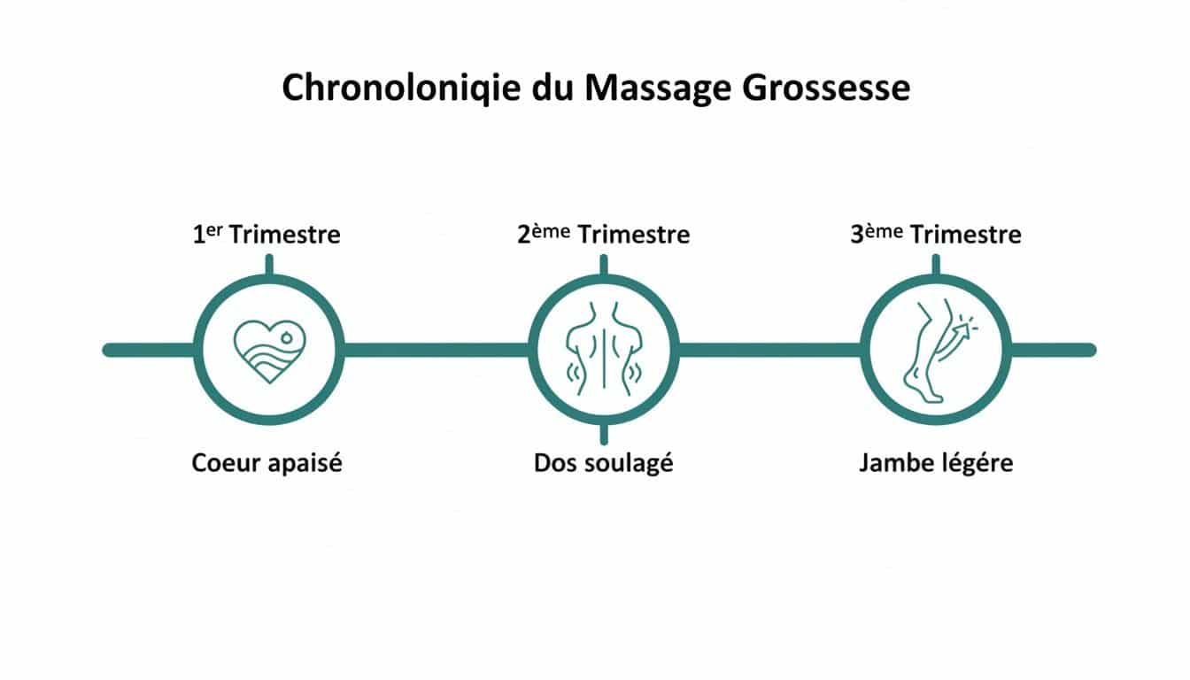 Chronologie du massage grossesse par trimestre: coeur apaisé, dos soulagé, et jambe légère.