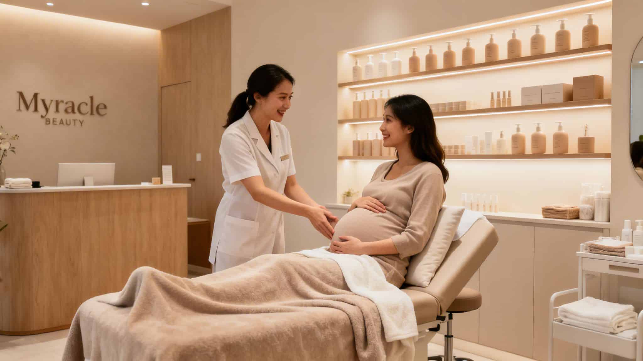 Une femme enceinte reçoit un doux massage du ventre d'une thérapeute dans un centre de beauté moderne.