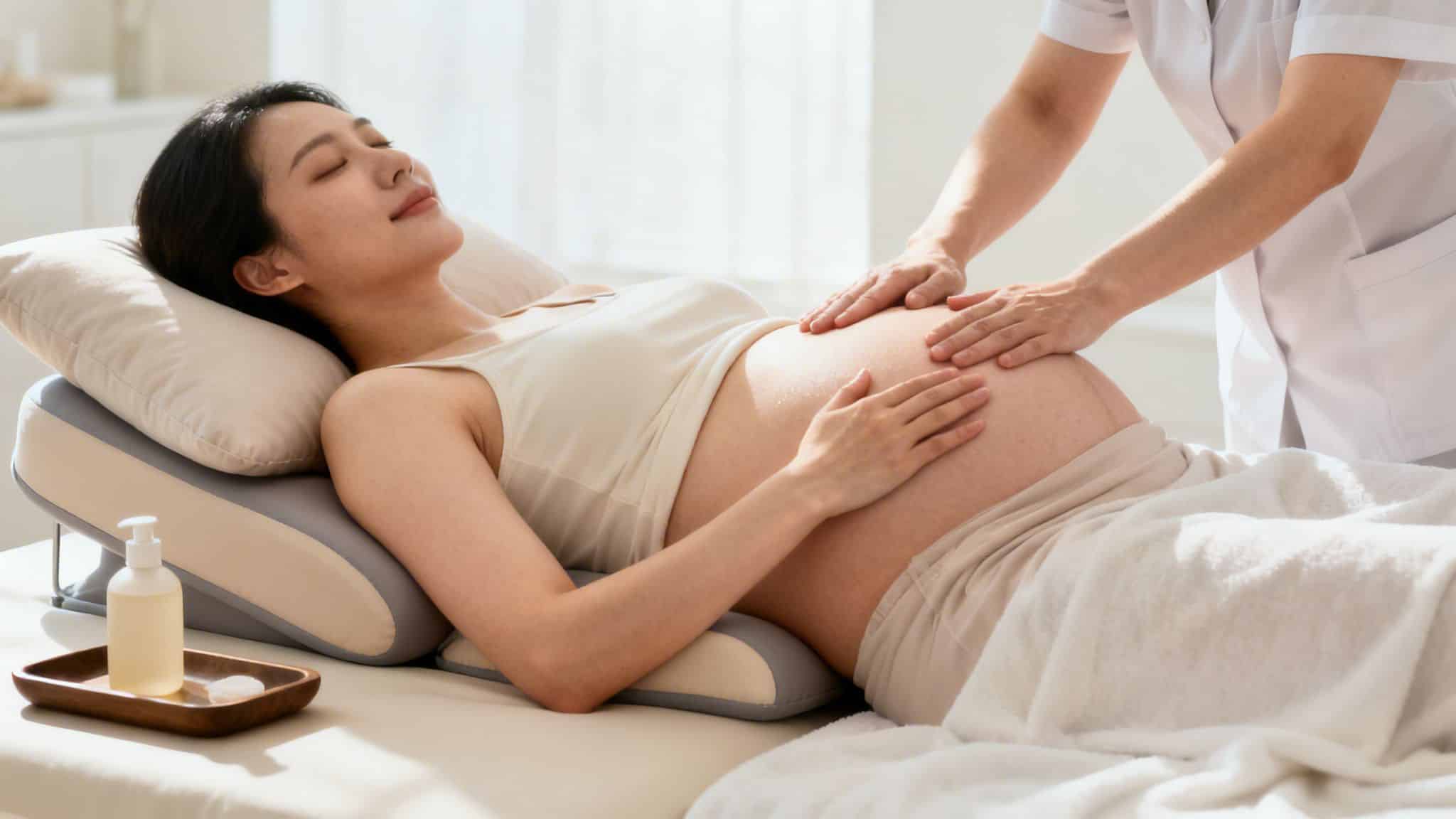 Une femme enceinte détendue reçoit un massage apaisant du ventre par une thérapeute en tenue blanche, dans un environnement lumineux.