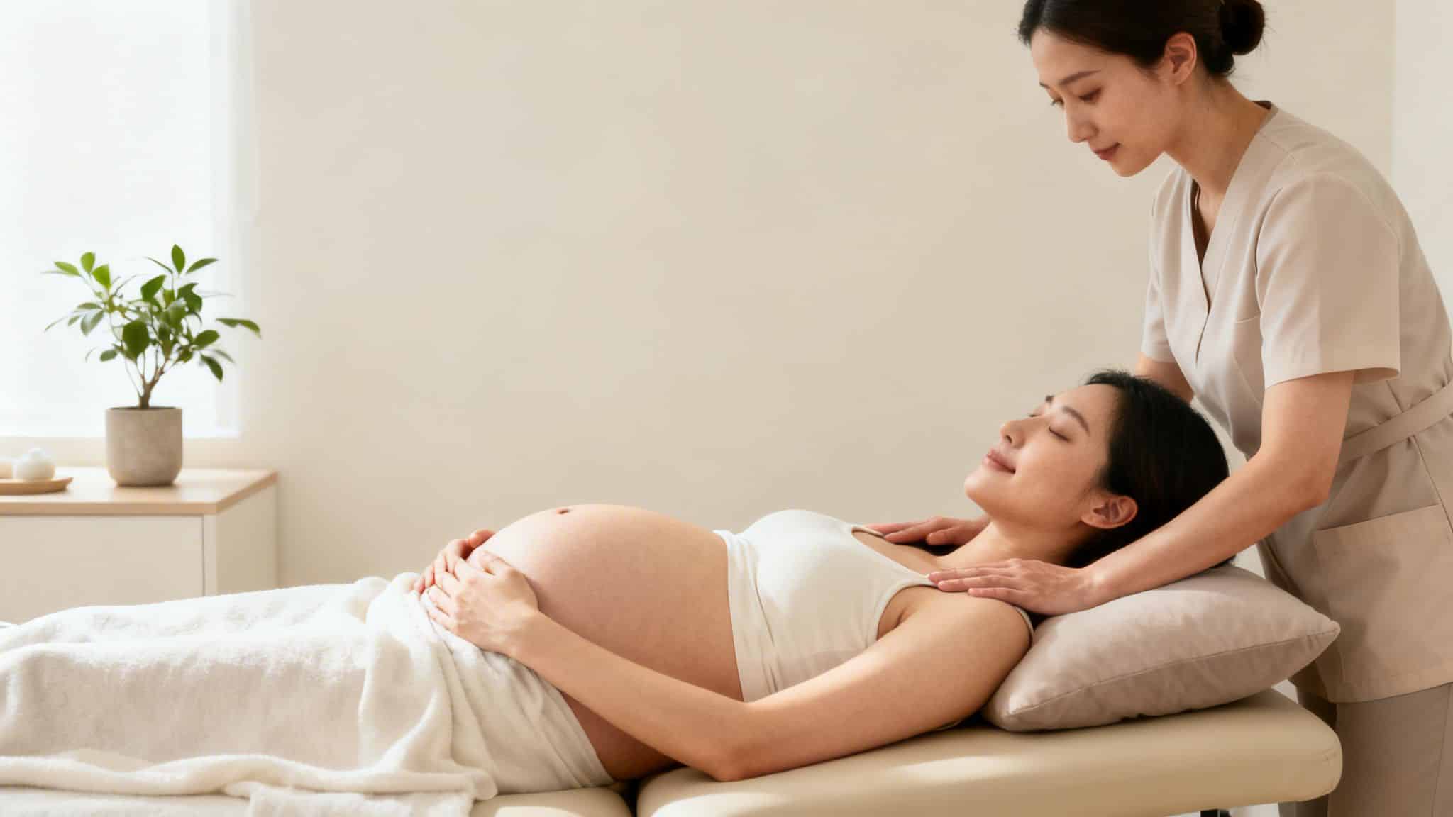 Une femme enceinte détendue reçoit un massage apaisant du cou et des épaules par une thérapeute dans un cadre lumineux.