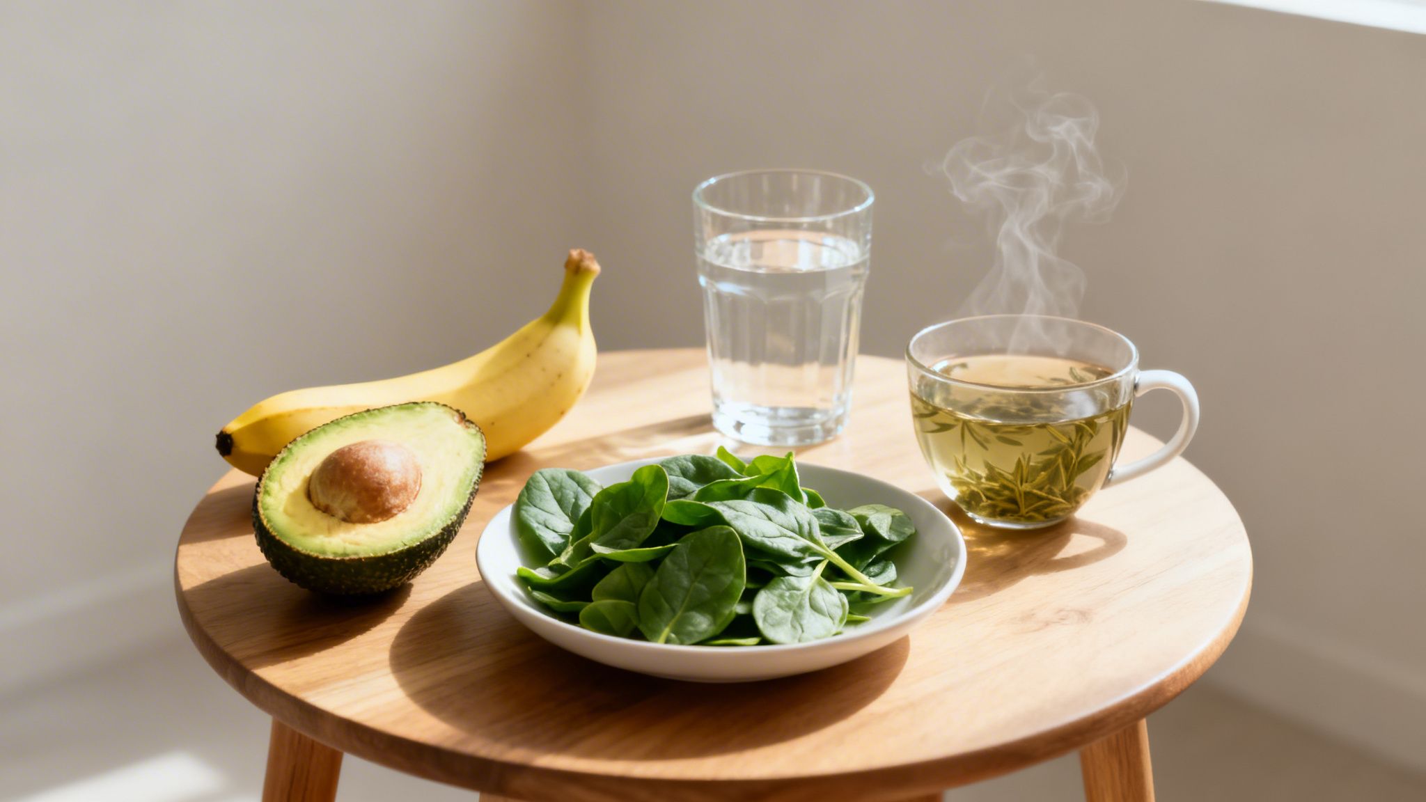 Une table en bois avec une banane, un avocat, des épinards, de l'eau et une tasse de thé chaud.