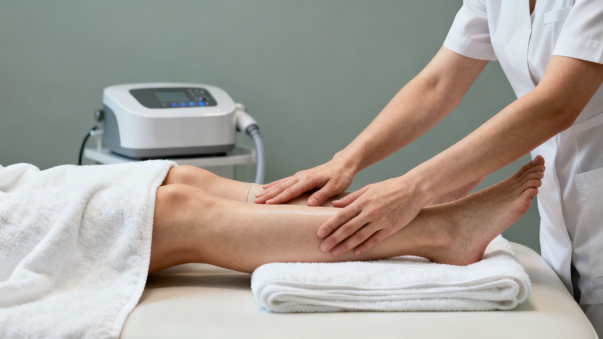 Un thérapeute masse les jambes d'une personne allongée sur une table, avec un appareil médical en arrière-plan.