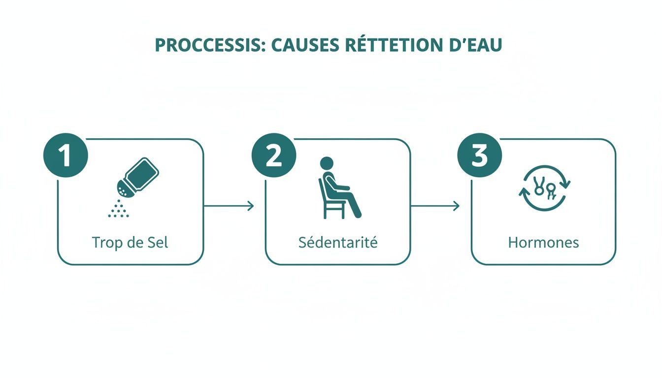 Infographie illustrant les causes de la rétention d'eau : trop de sel, sédentarité et hormones.