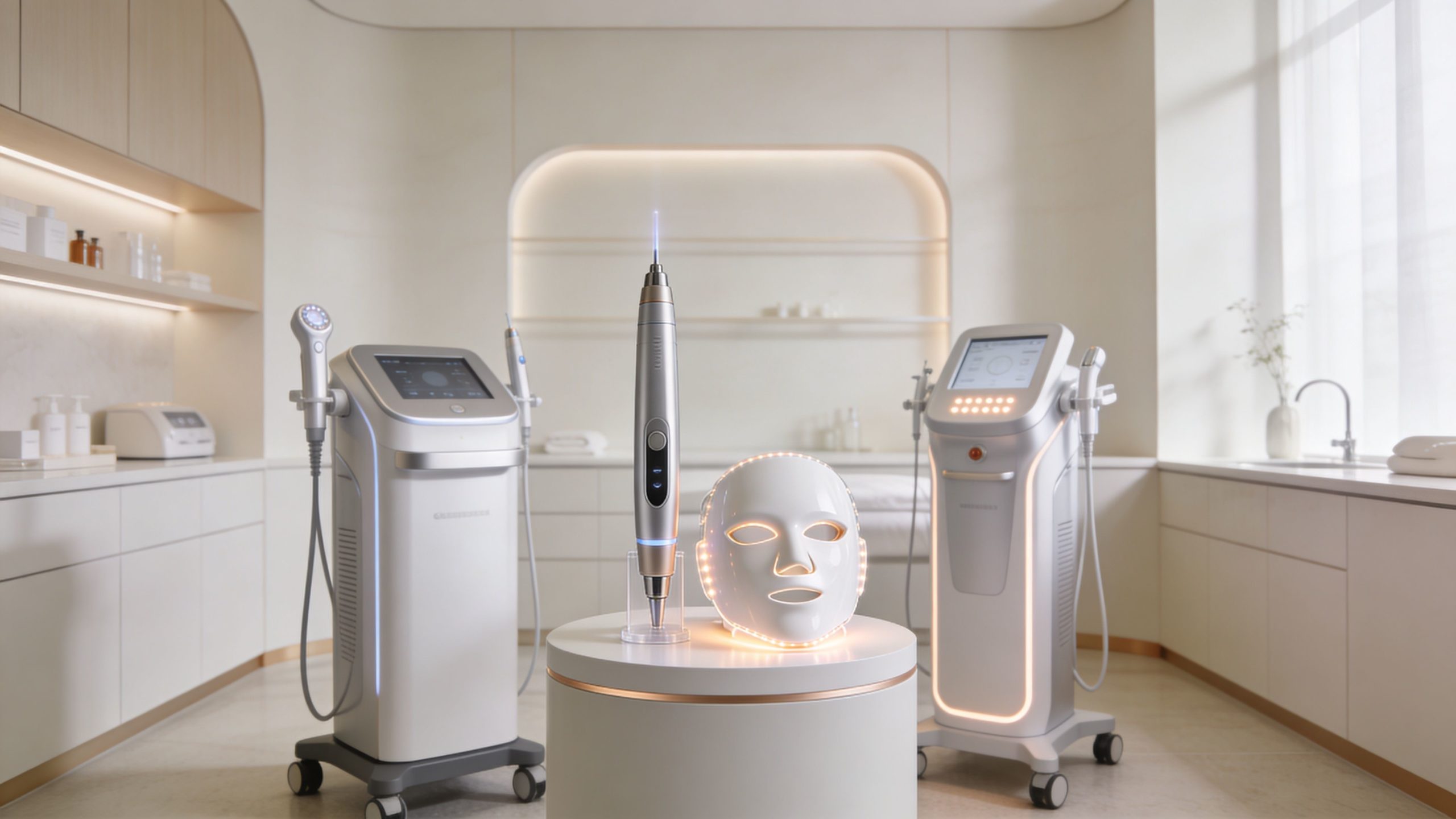 Équipements professionnels de pointe pour soins de beauté dans un cabinet esthétique moderne et lumineux.