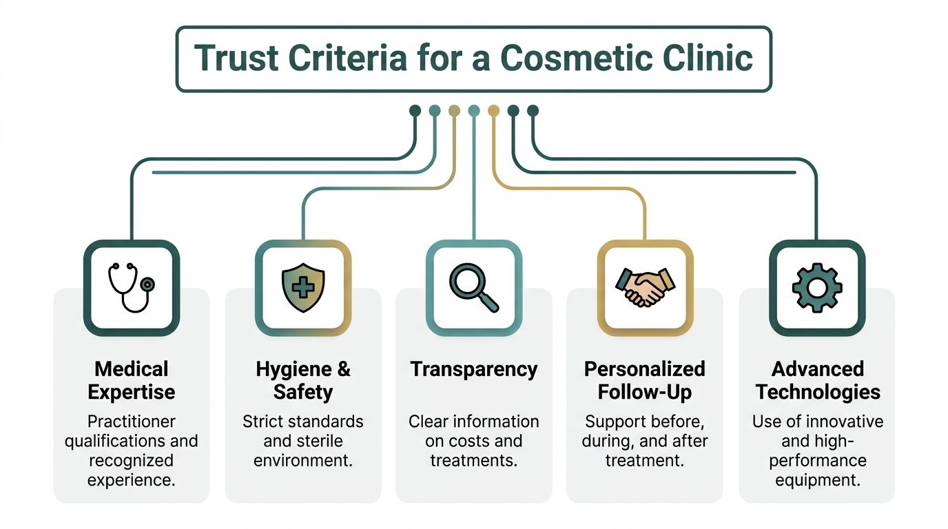 Infographie illustrant les cinq critères essentiels pour instaurer la confiance envers une clinique de médecine esthétique.