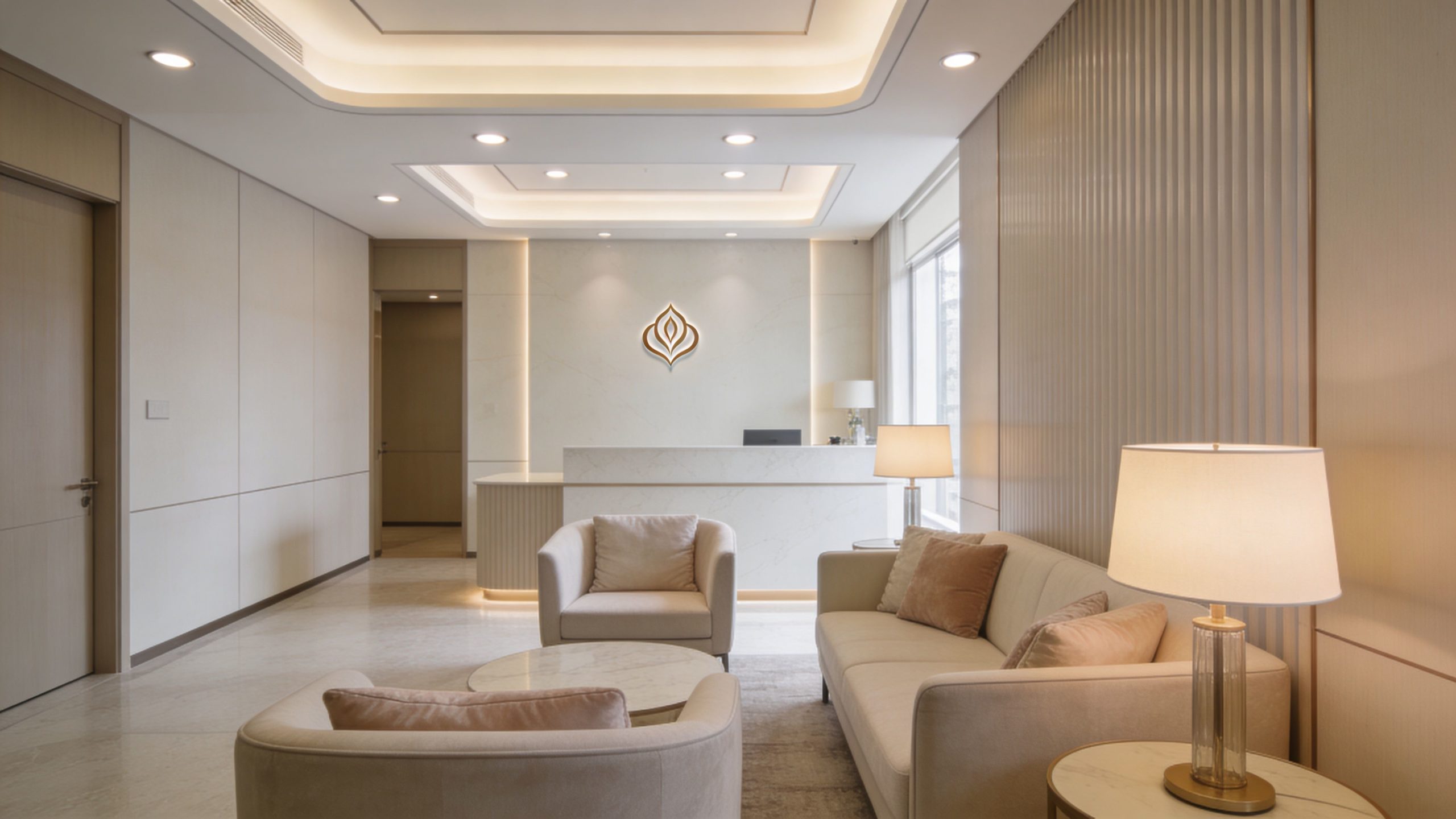 Une salle d'attente élégante et lumineuse pour une clinique esthétique haut de gamme avec mobilier moderne.