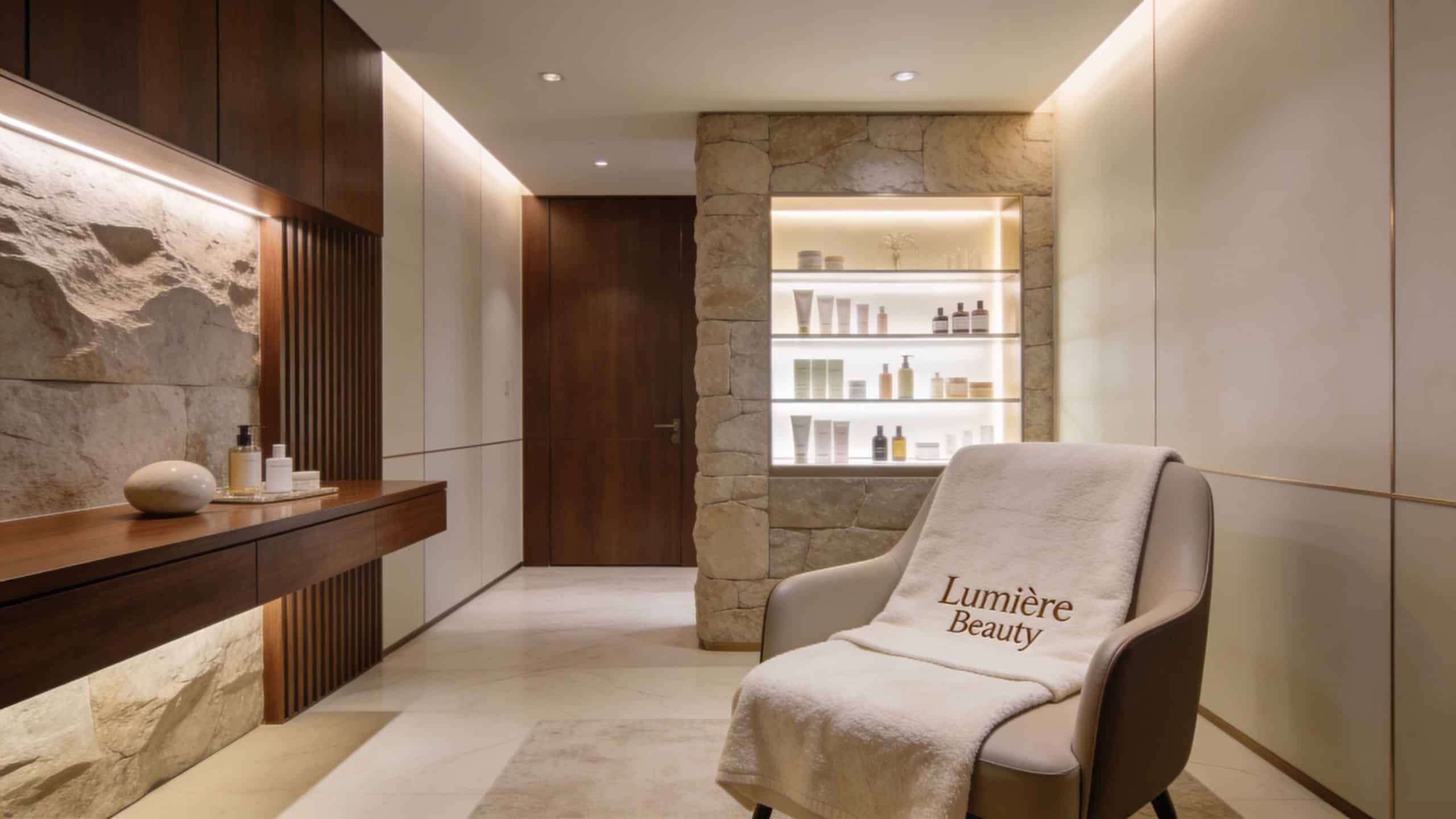 Intérieur élégant et moderne d'un institut de beauté avec des produits de soin exposés et un fauteuil.