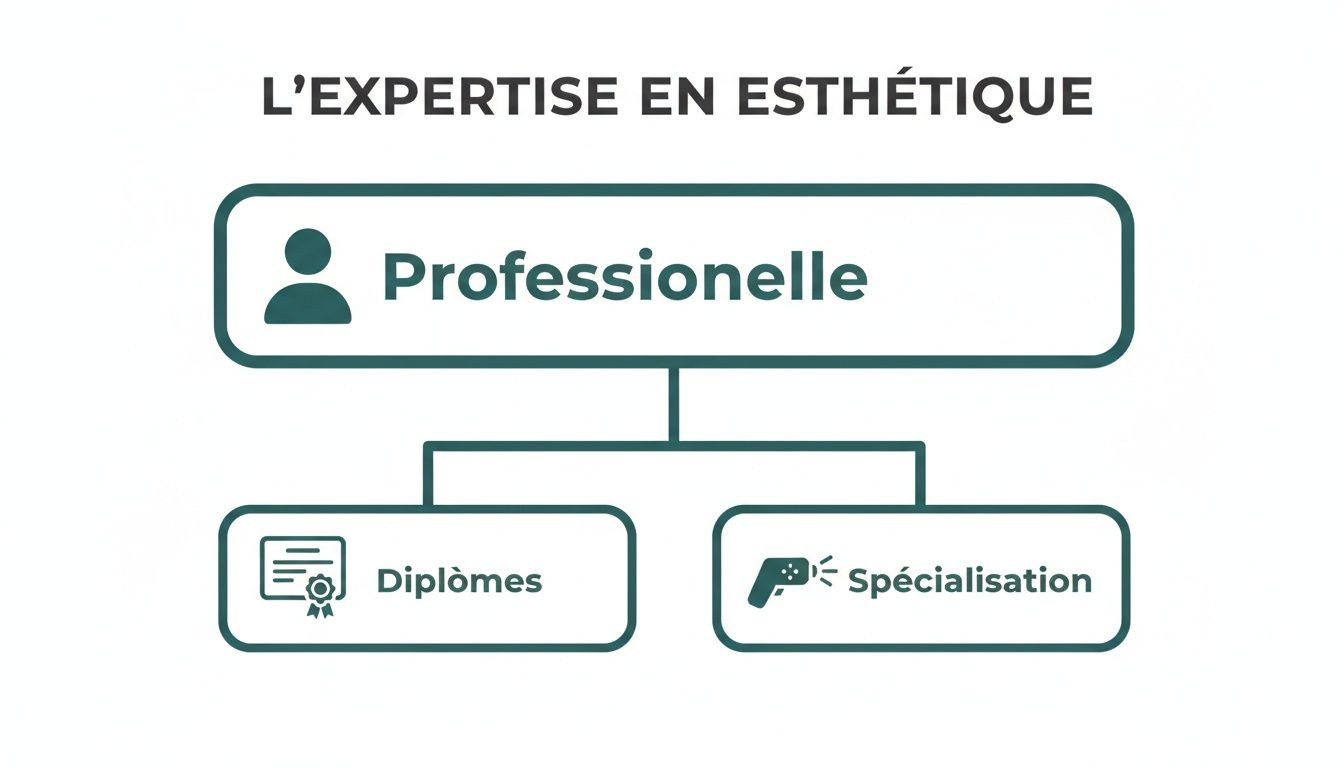 Schéma illustrant l'expertise professionnelle en esthétique, incluant les diplômes et la spécialisation nécessaires.