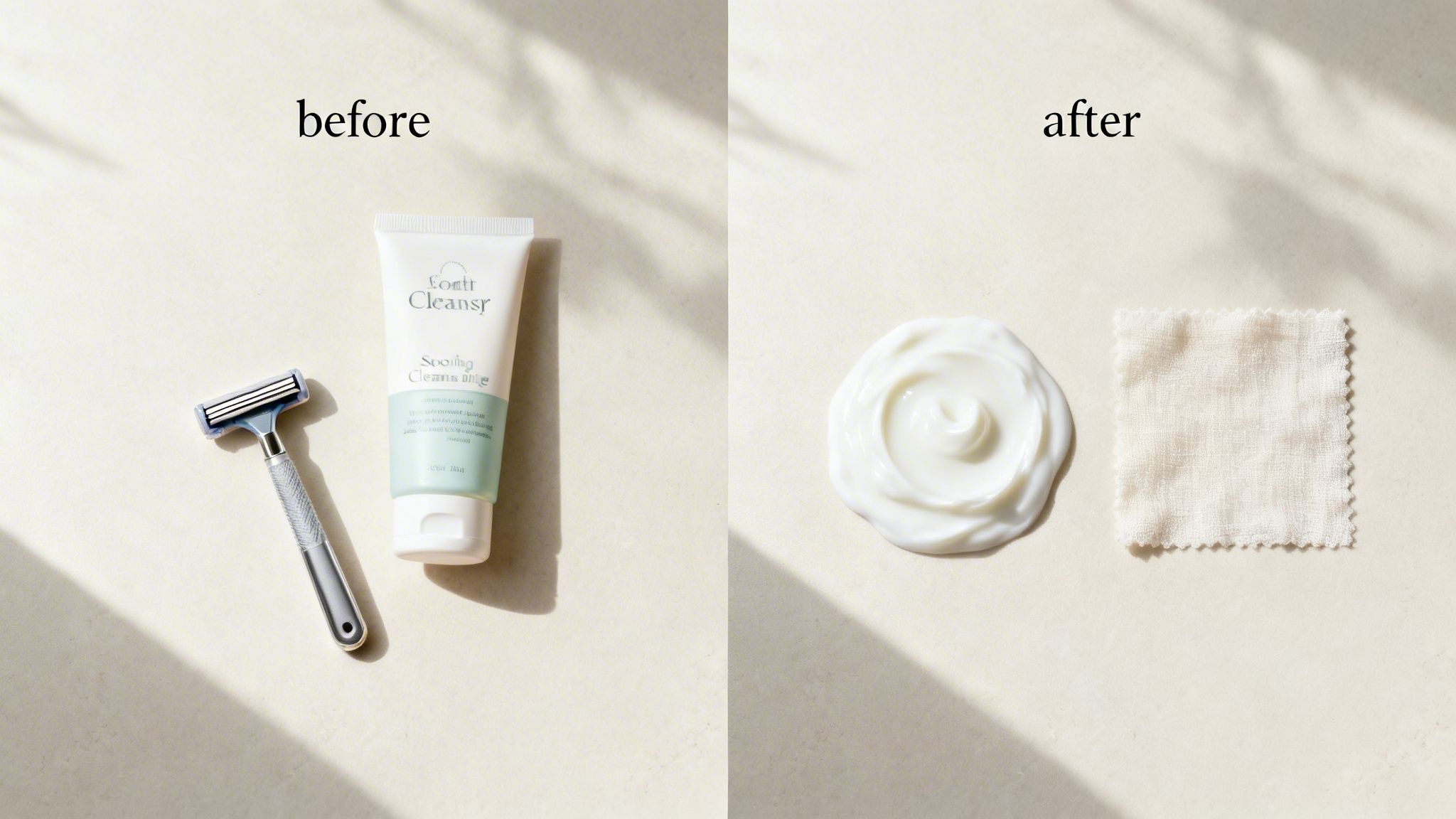 Produits pour l'épilation montrant un rasoir et une crème à raser avant et après l'application.